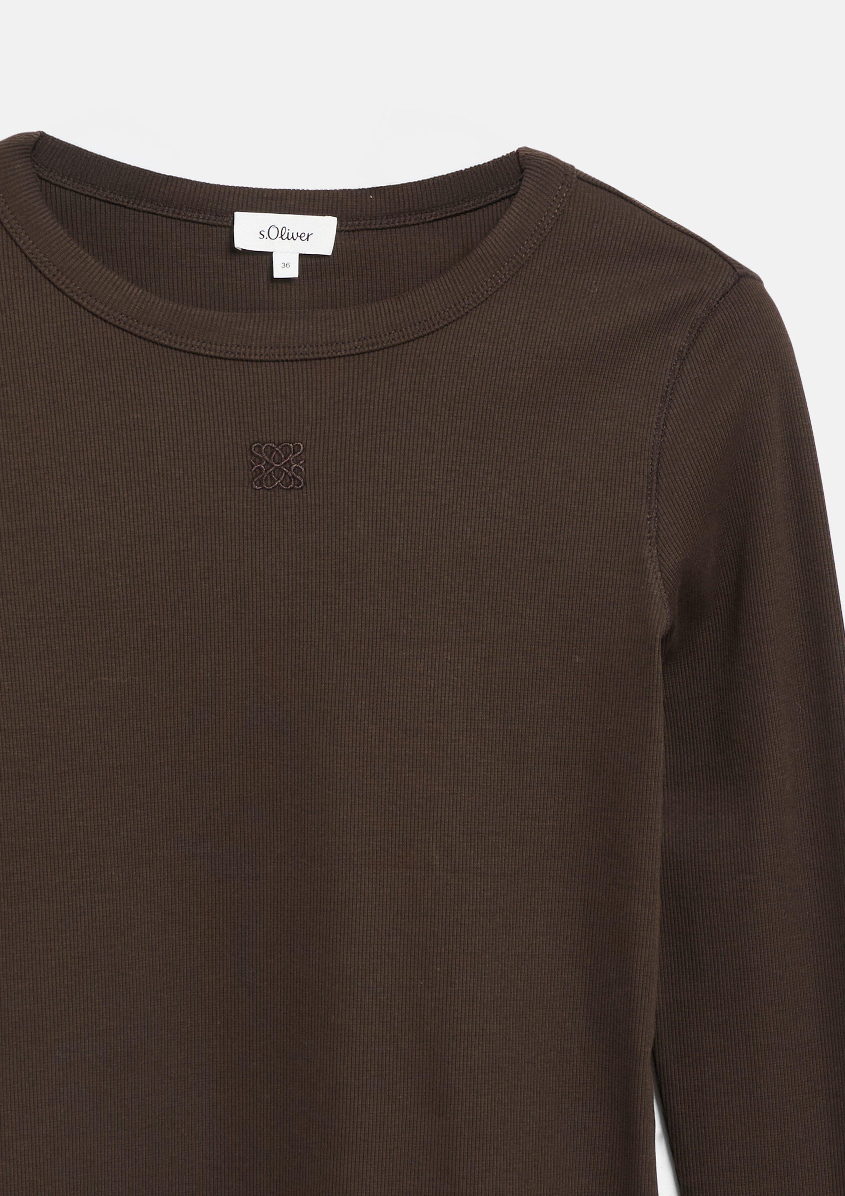 Women Slim-fit ribbed T-shirt with embroidery in brown by s.Oliver