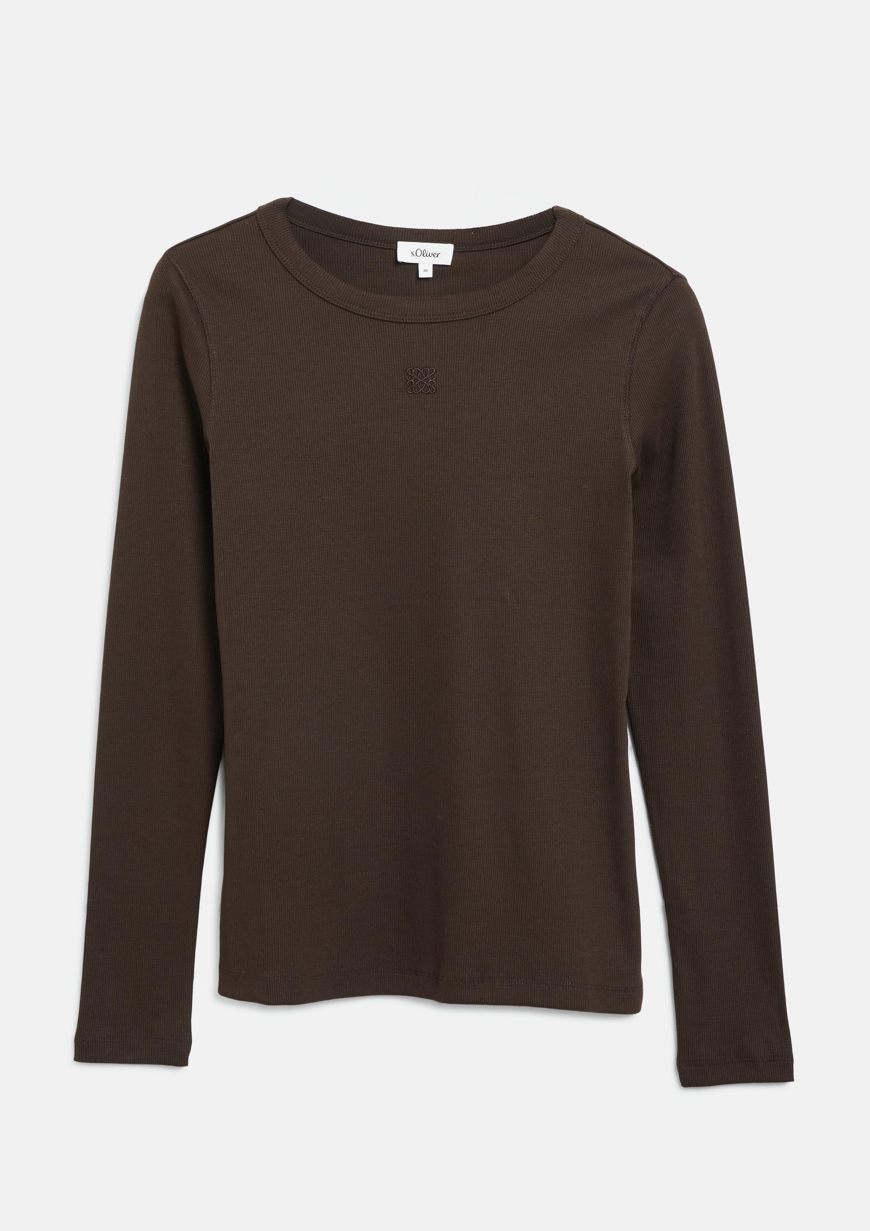Femmes T-shirt côtelé coupe slim avec broderie en brun de s.Oliver