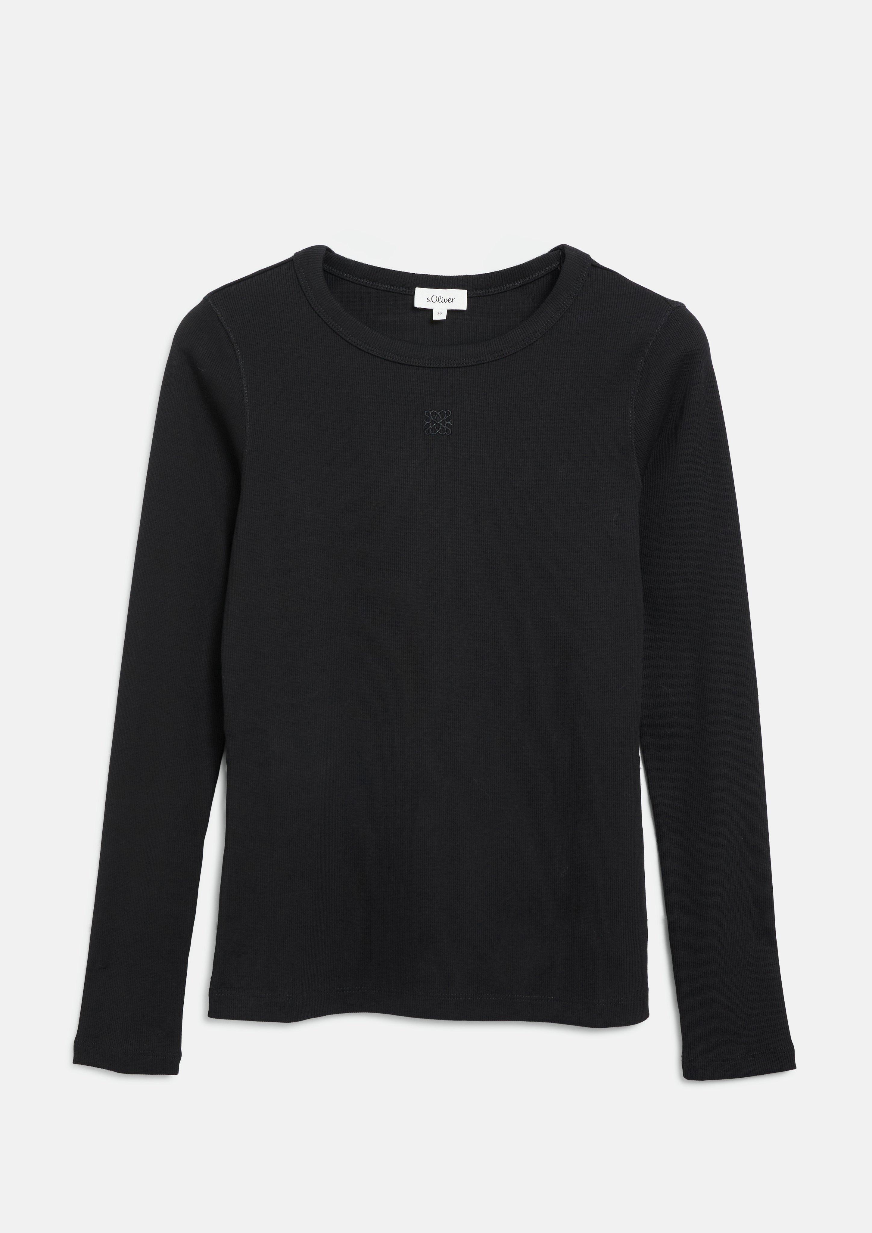 Femmes T-shirt côtelé coupe slim avec broderie en noir de s.Oliver