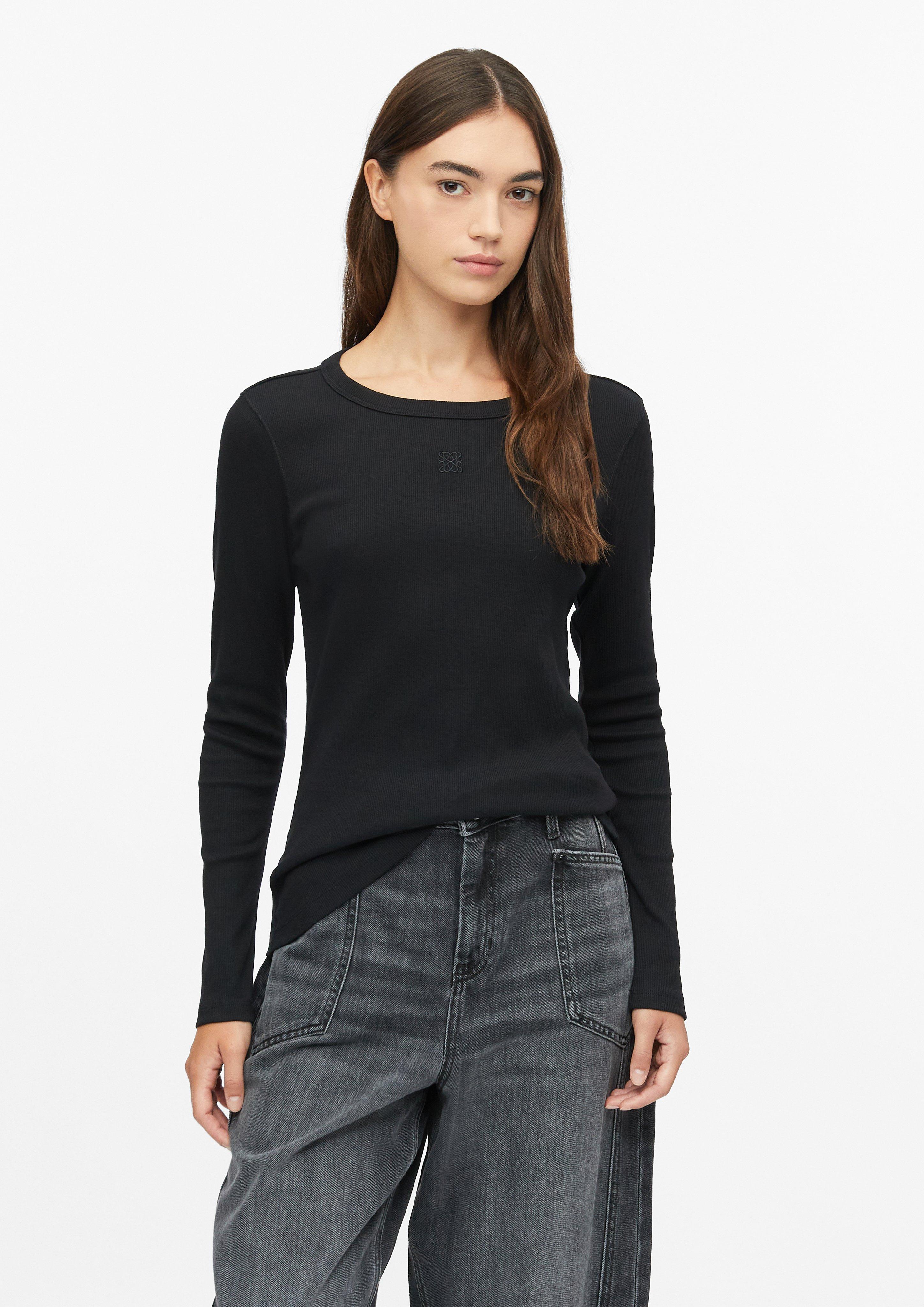 Dames Geribbeld T-shirt met slanke pasvorm en borduursel in zwart van s.Oliver