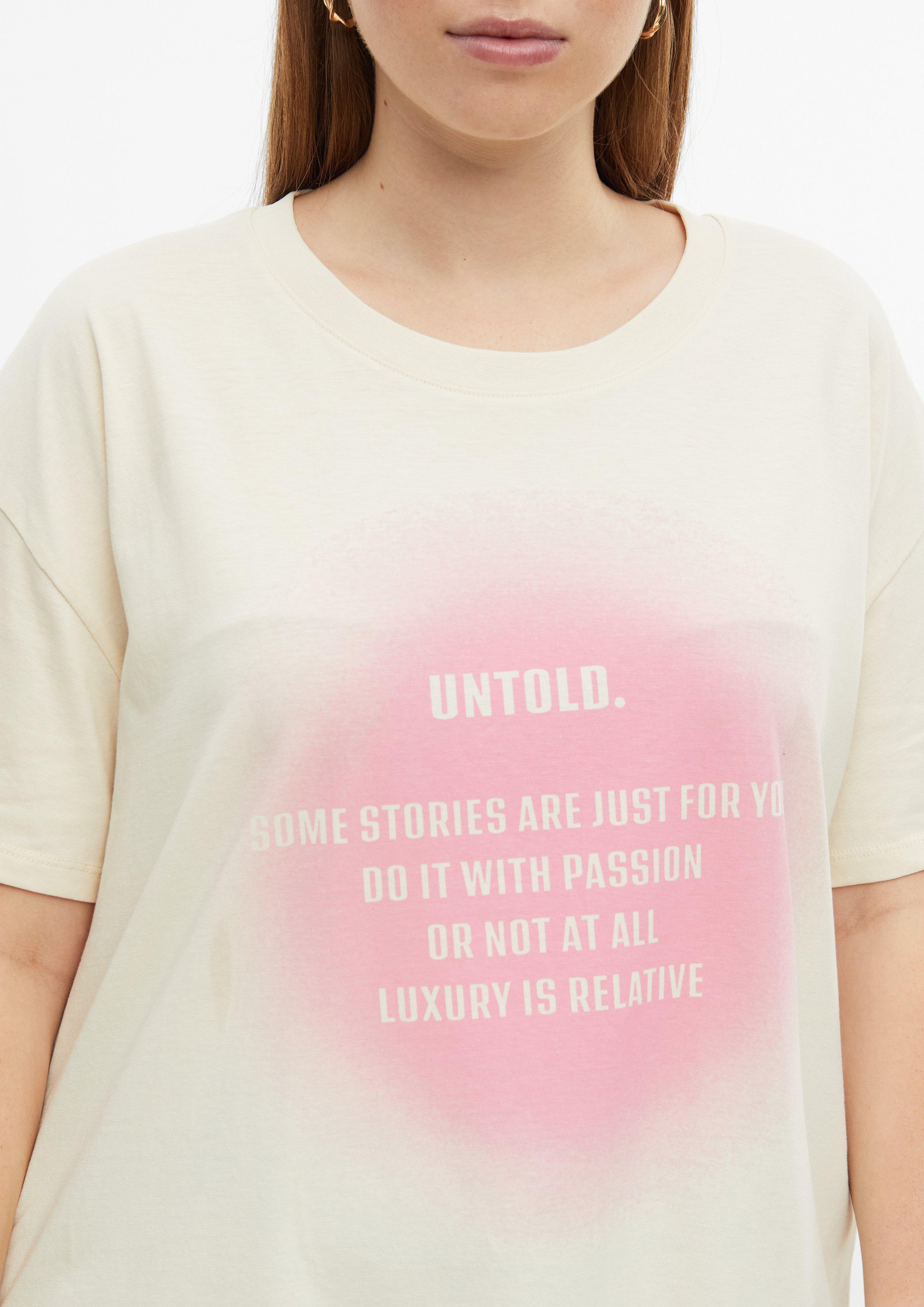 Femmes T-shirt décontracté en coton avec imprimé sur le devant en beige de QS CURVE