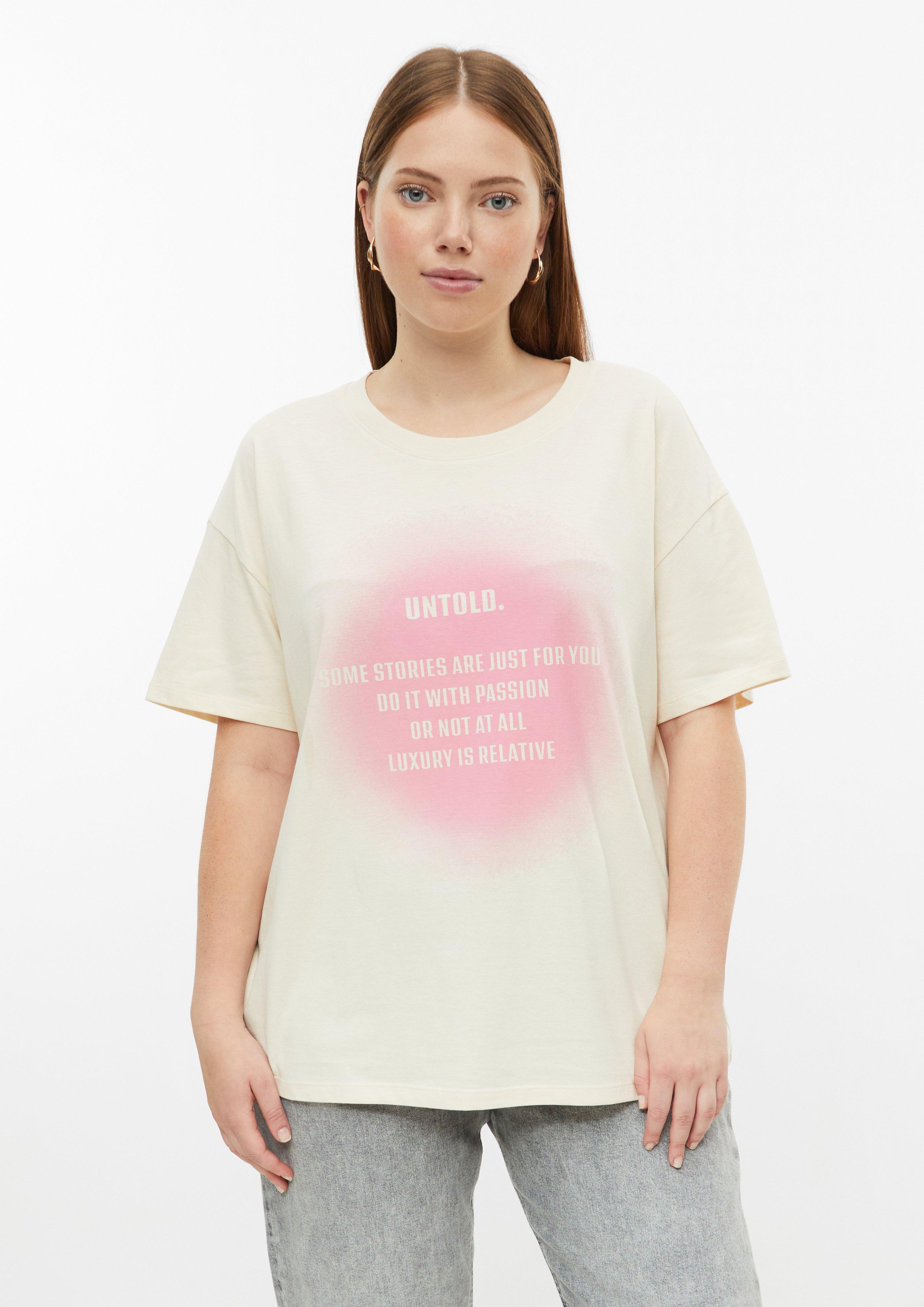 casual katoenen shirt met print op de voorkant in licht zand van QS CURVE