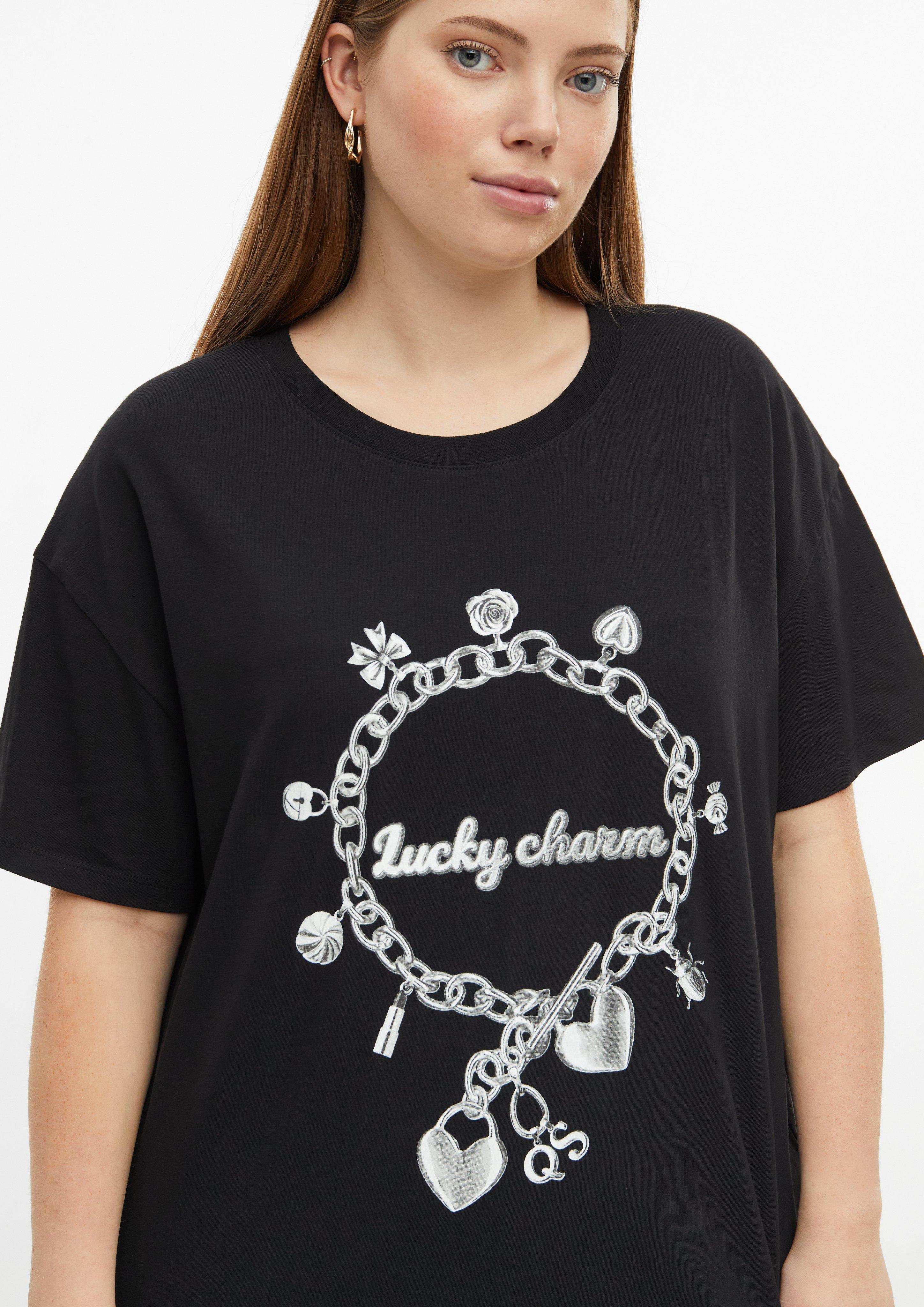 Dames casual katoenen shirt met print op de voorkant in zwart van QS CURVE