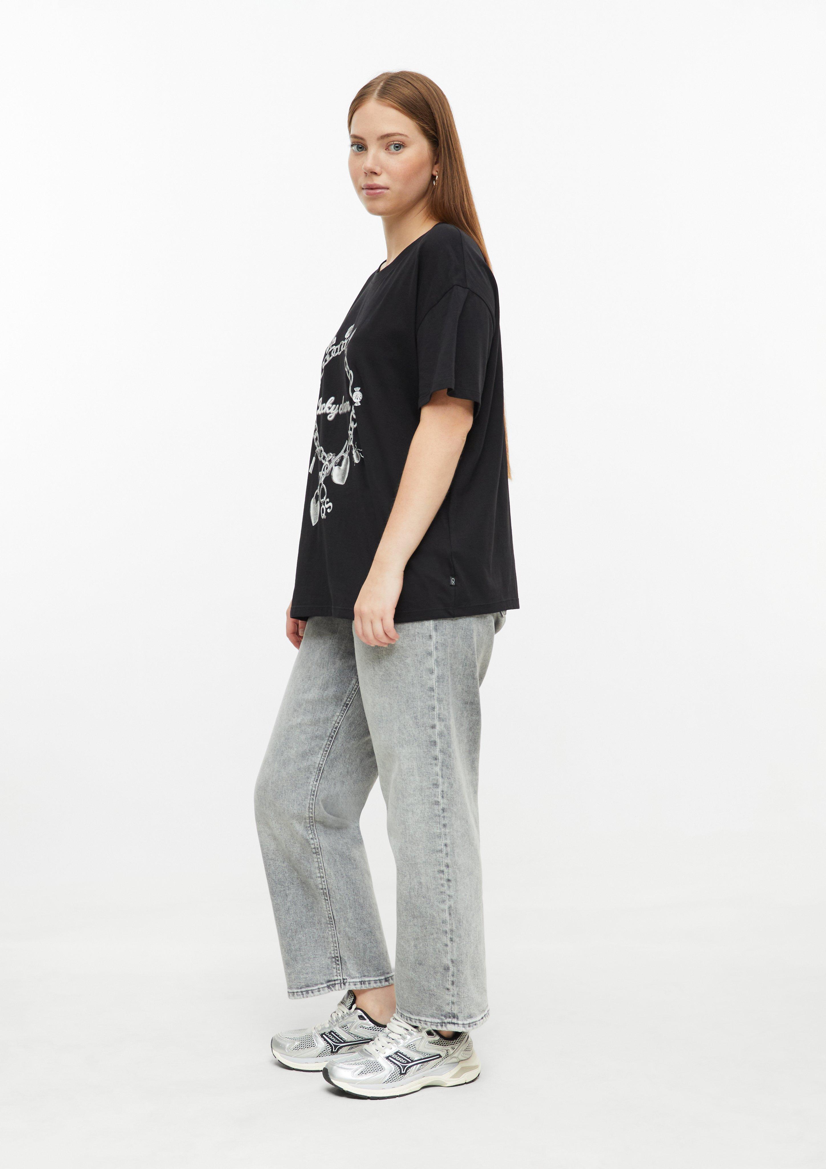 Dames casual katoenen shirt met print op de voorkant in zwart van QS CURVE