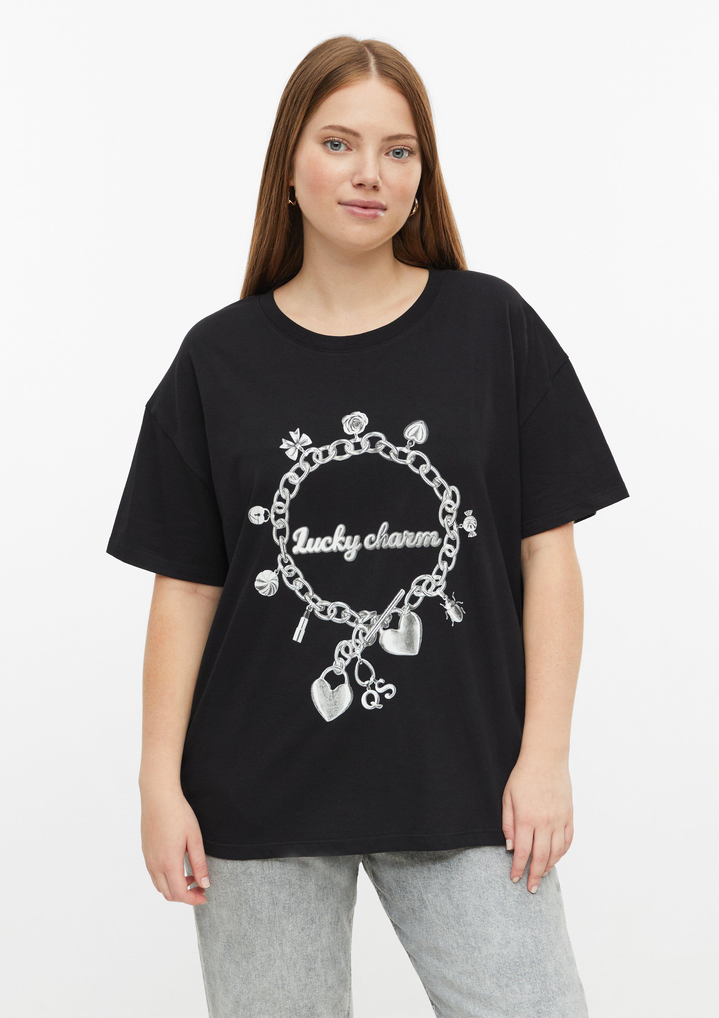 T-shirt décontracté en coton avec imprimé sur le devant en noir de QS CURVE
