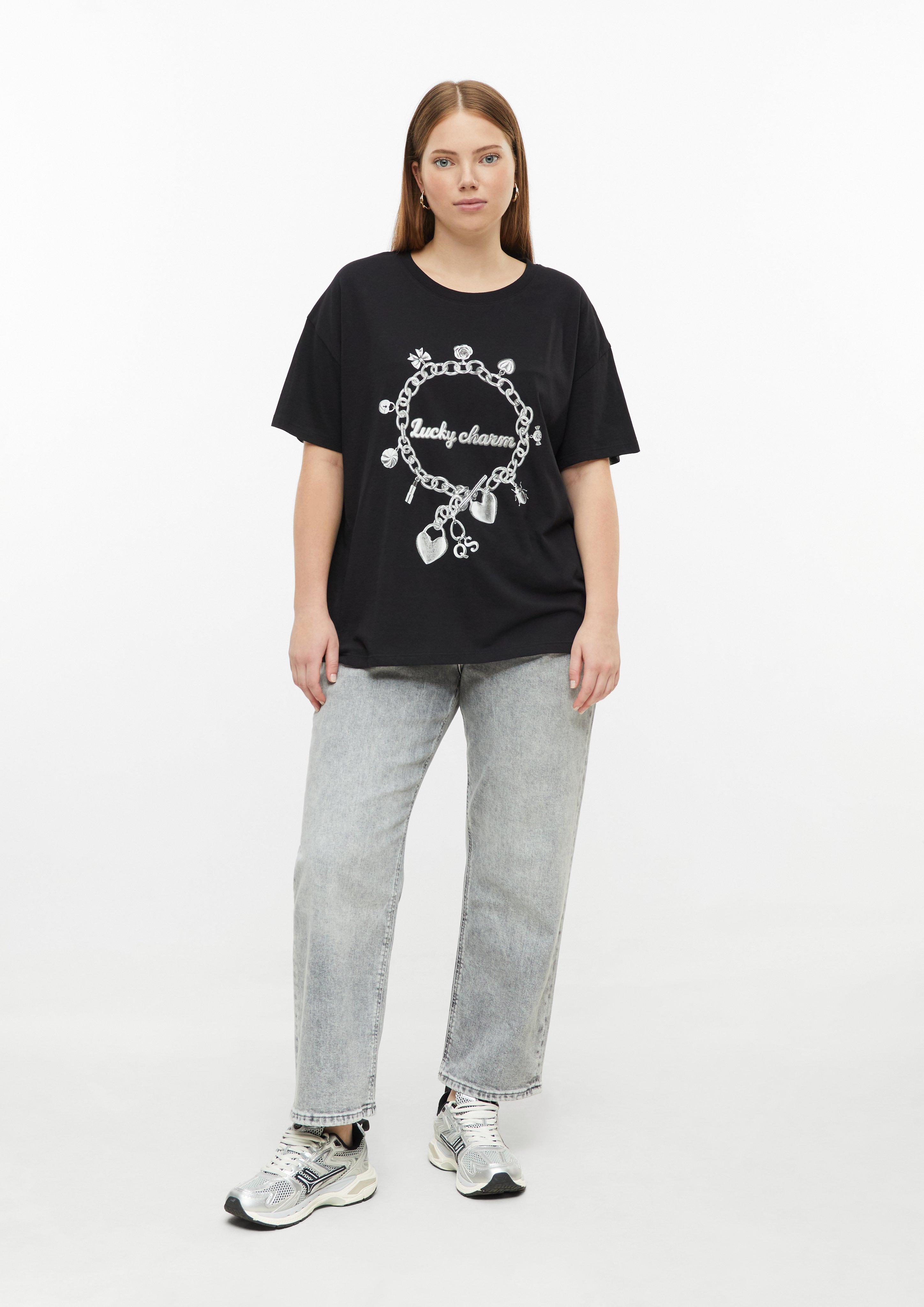 Dames casual katoenen shirt met print op de voorkant in zwart van QS CURVE