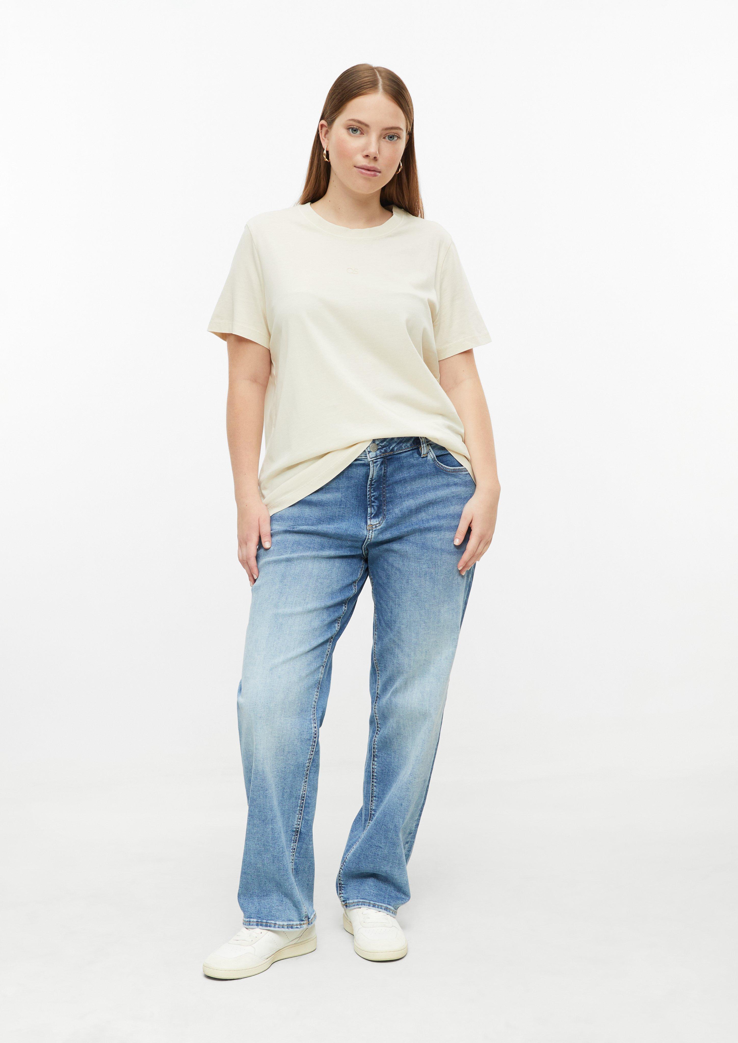 Dames gewassen katoenen shirt met kleine logoprint in beige van QS CURVE
