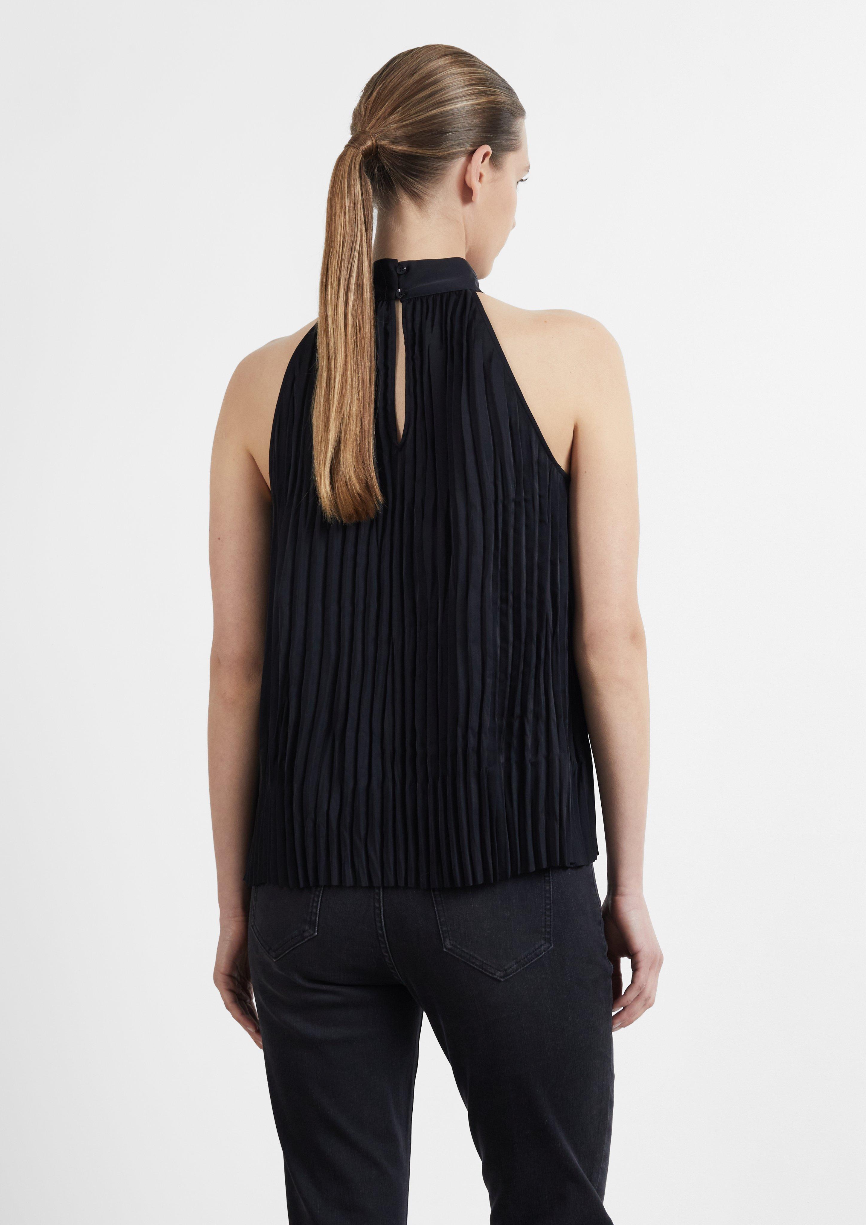 Damen Neckholder-Bluse mit Plissée und Stehkragen in schwarz von COMMA