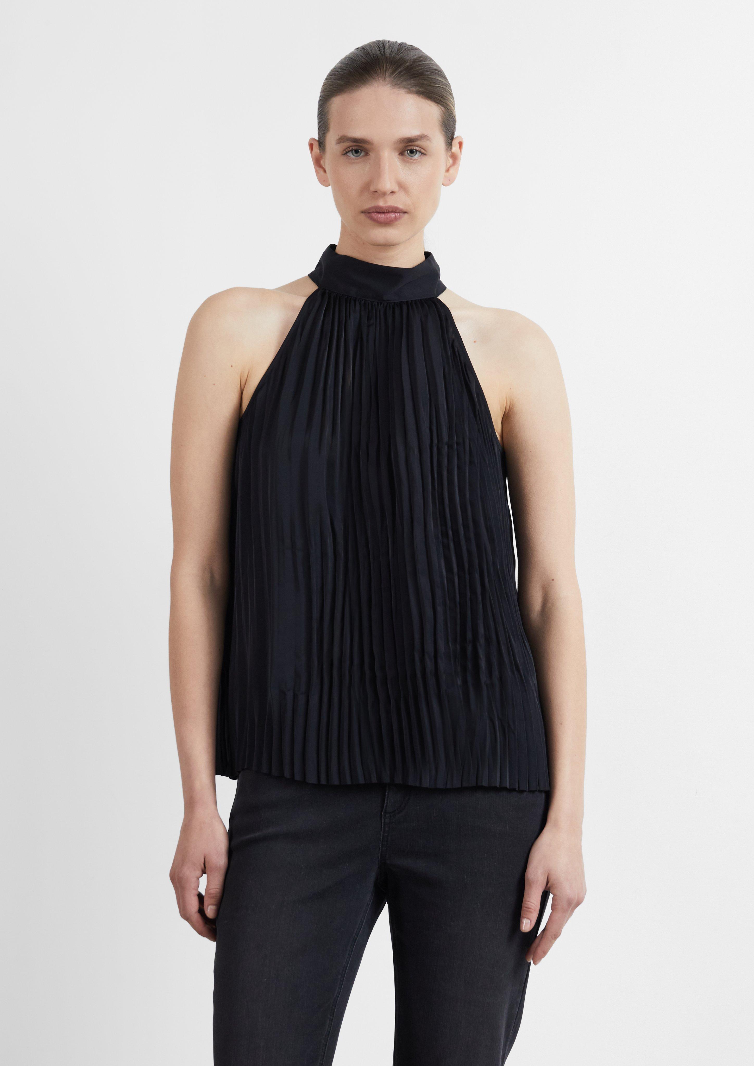 Neckholder-Bluse mit Plissée und Stehkragen in Farbe schwarz von COMMA