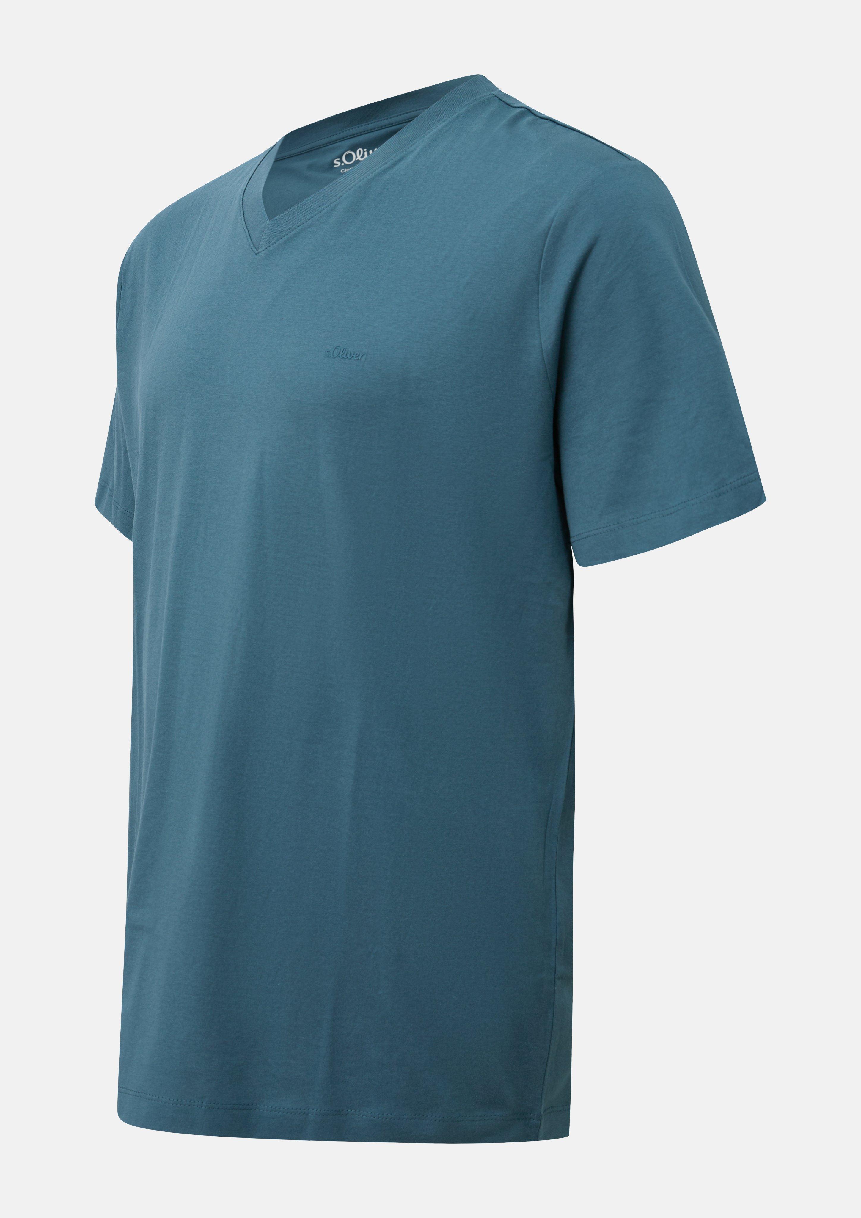 Herren Baumwoll-T-Shirt mit V-Neck und Logo-Print in blau von s.Oliver Men Big Sizes