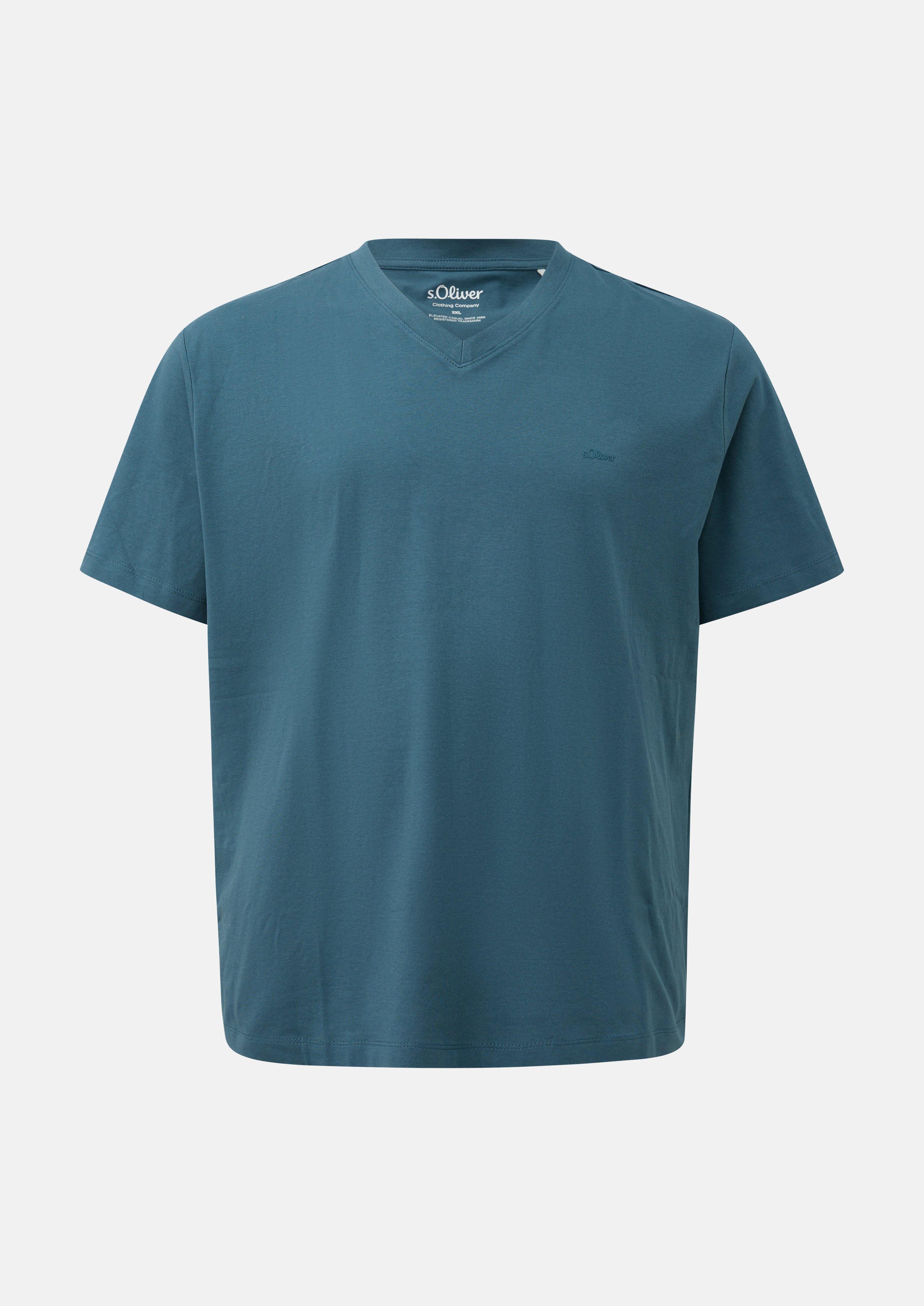 Baumwoll-T-Shirt mit V-Neck und Logo-Print in Farbe blau von s.Oliver Men Big Sizes