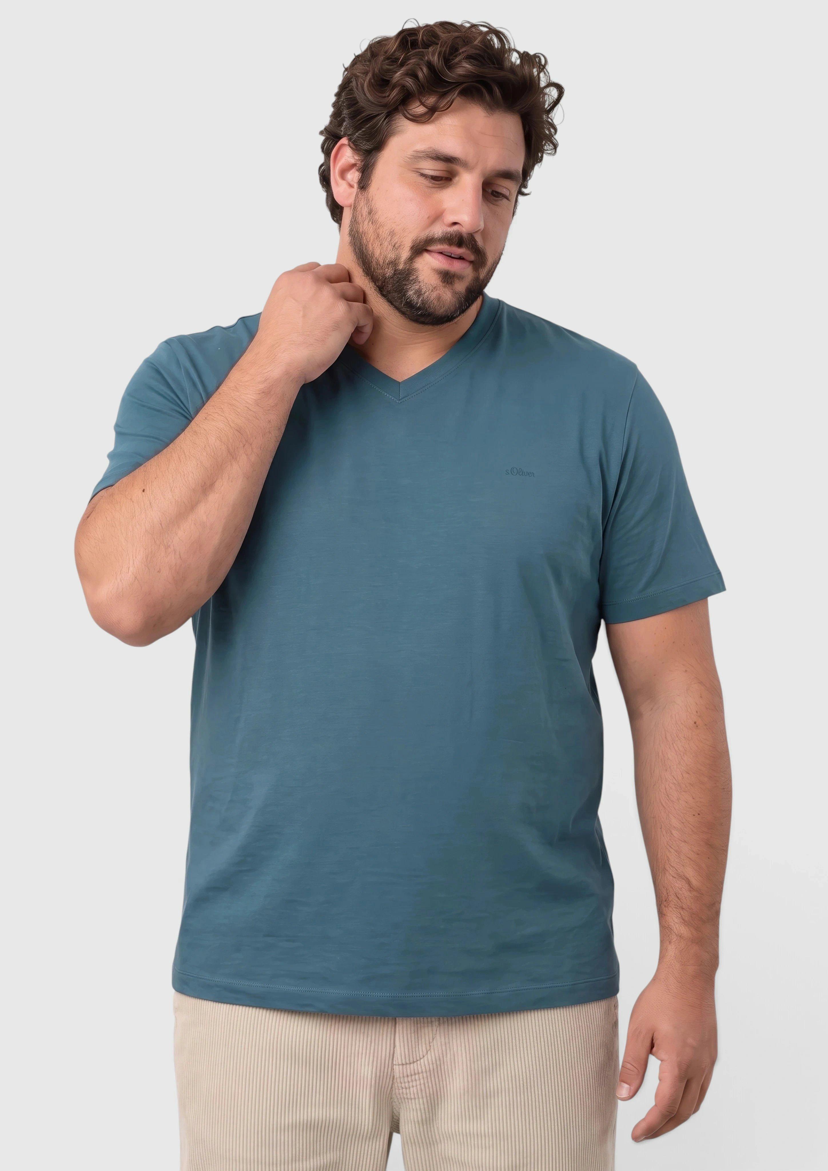 Baumwoll-T-Shirt mit V-Neck und Logo-Print in Farbe blau von s.Oliver Men Big Sizes