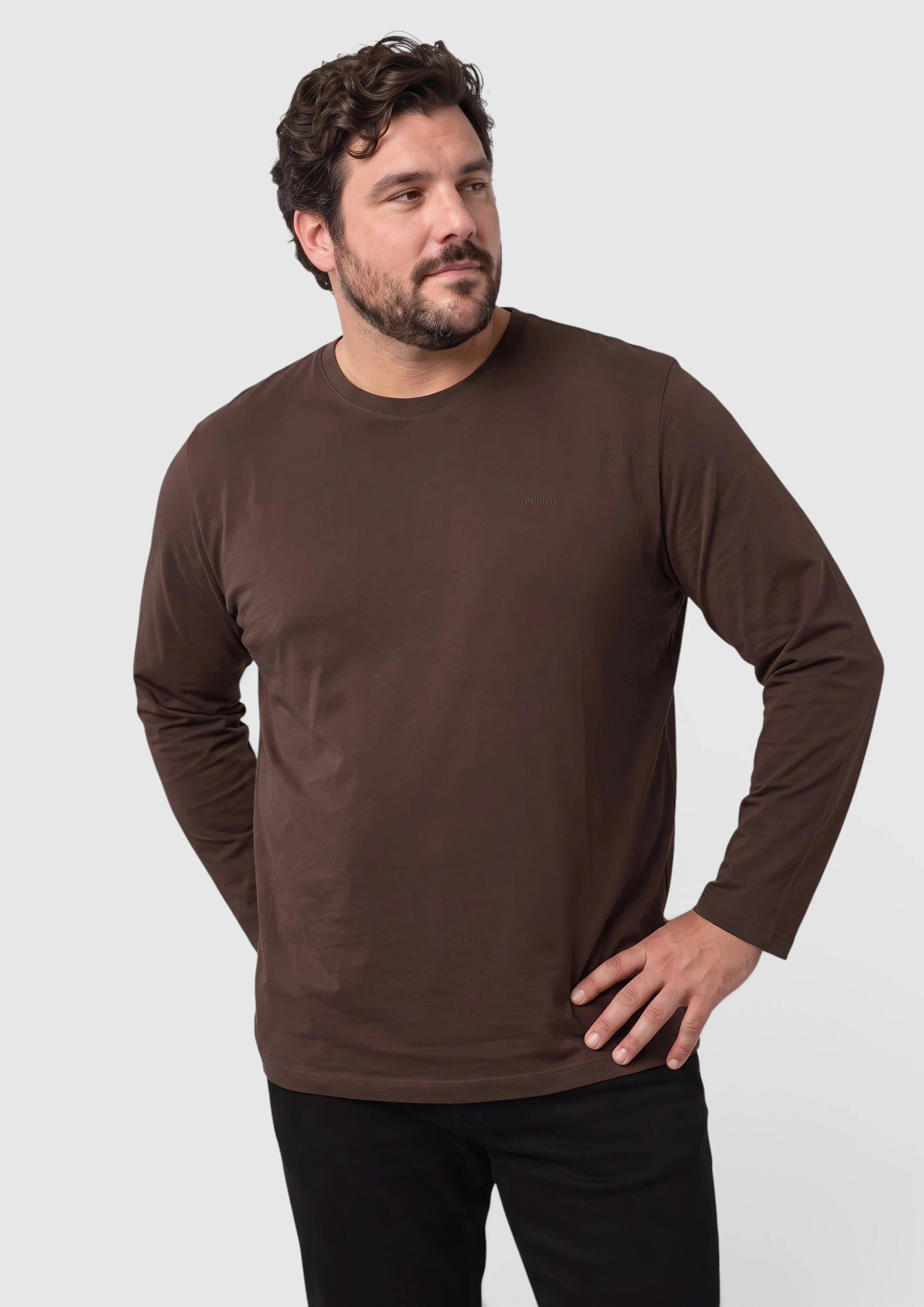T-shirt à manches longues en coton avec logo en marron foncé de s.Oliver Men Big Sizes