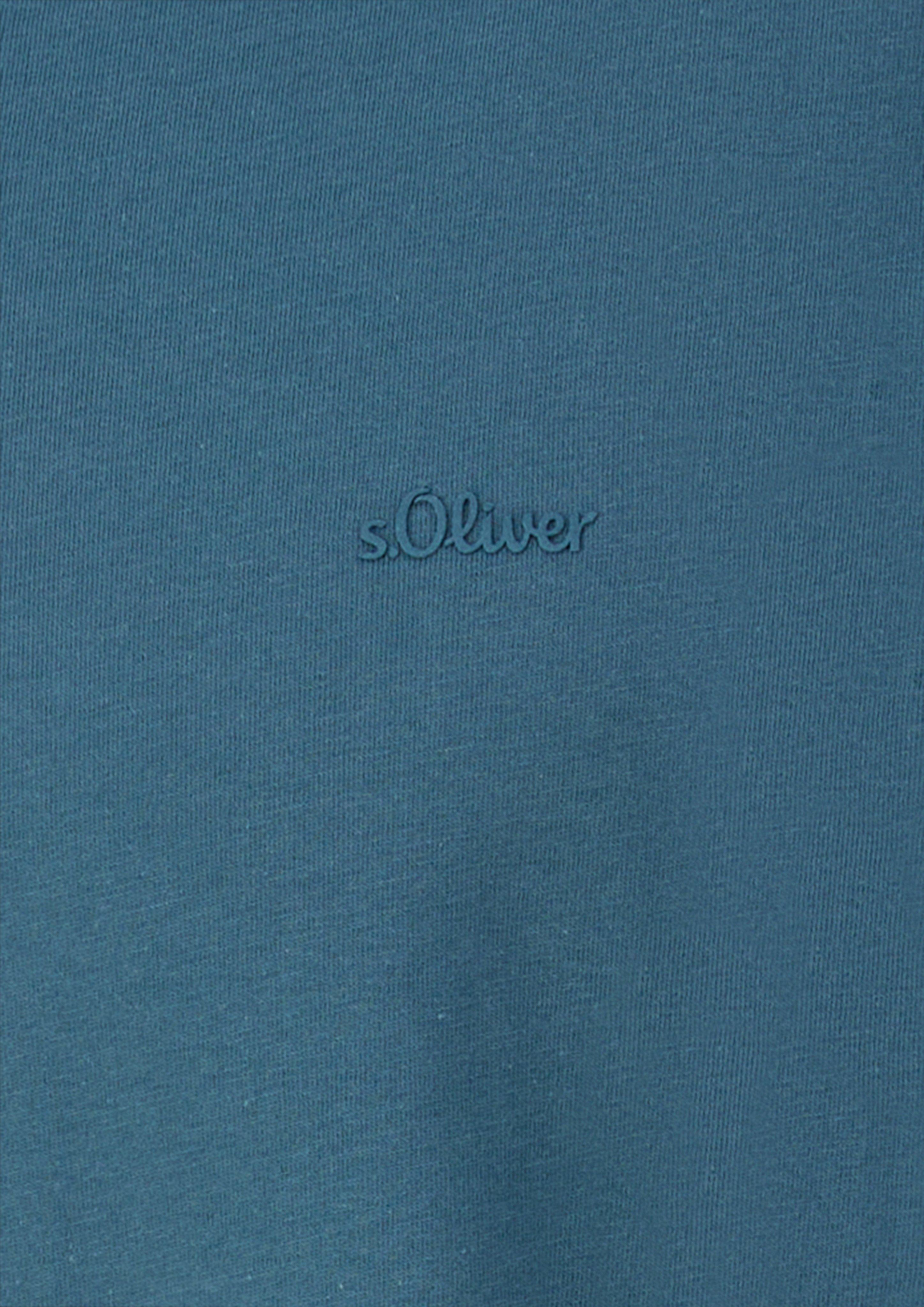 Hommes T-shirt en coton à col en V et imprimé logo en bleu de s.Oliver Men Tall Sizes