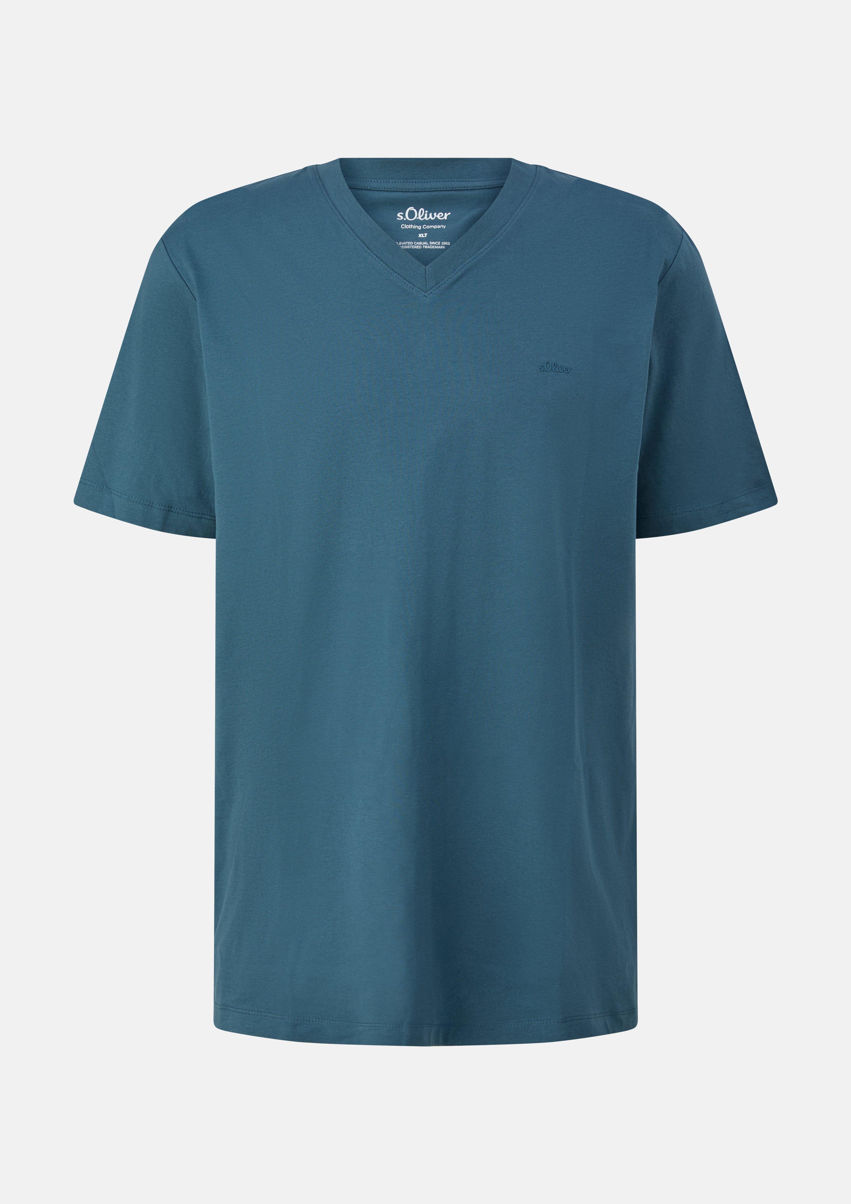 Hommes T-shirt en coton à col en V et imprimé logo en bleu de s.Oliver Men Tall Sizes