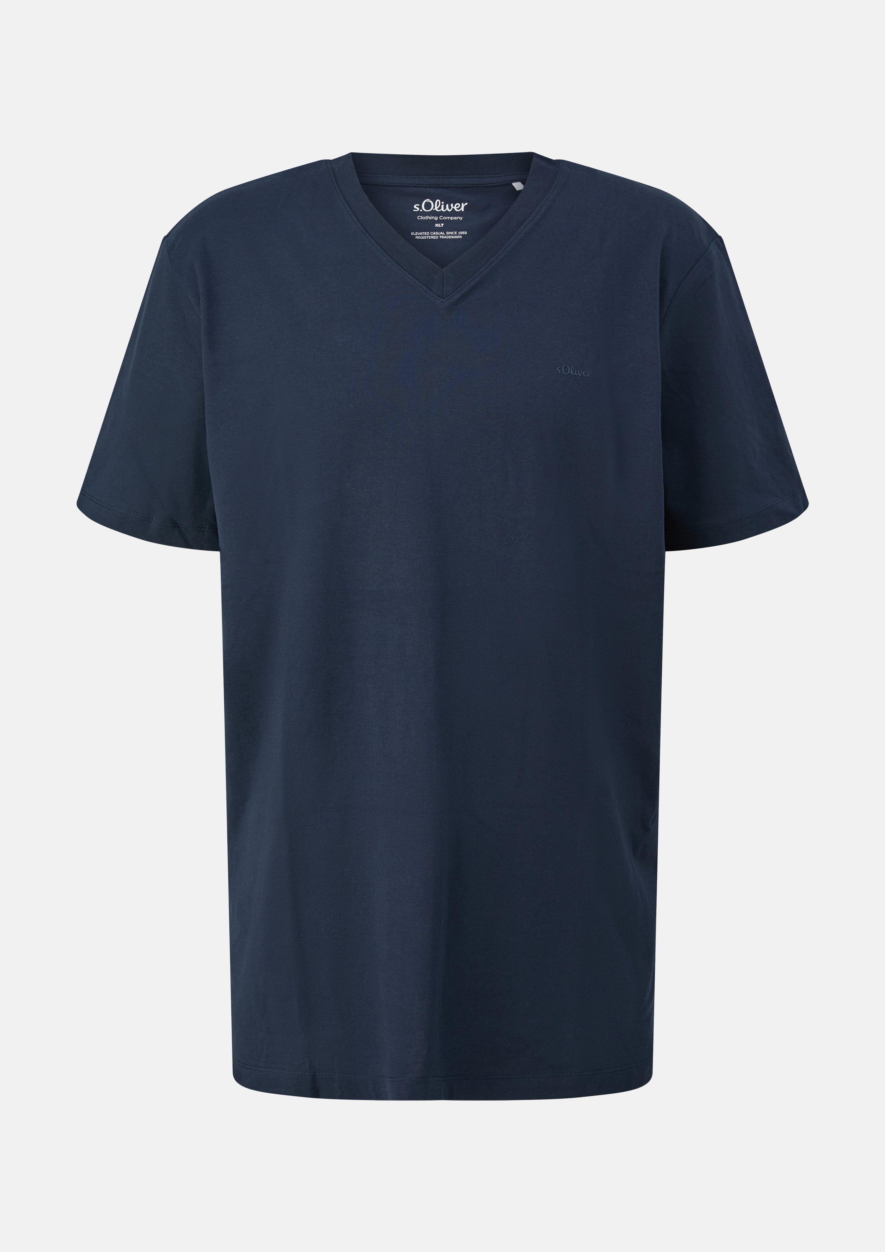Hommes T-shirt en coton à col en V et imprimé logo en bleu de s.Oliver Men Tall Sizes