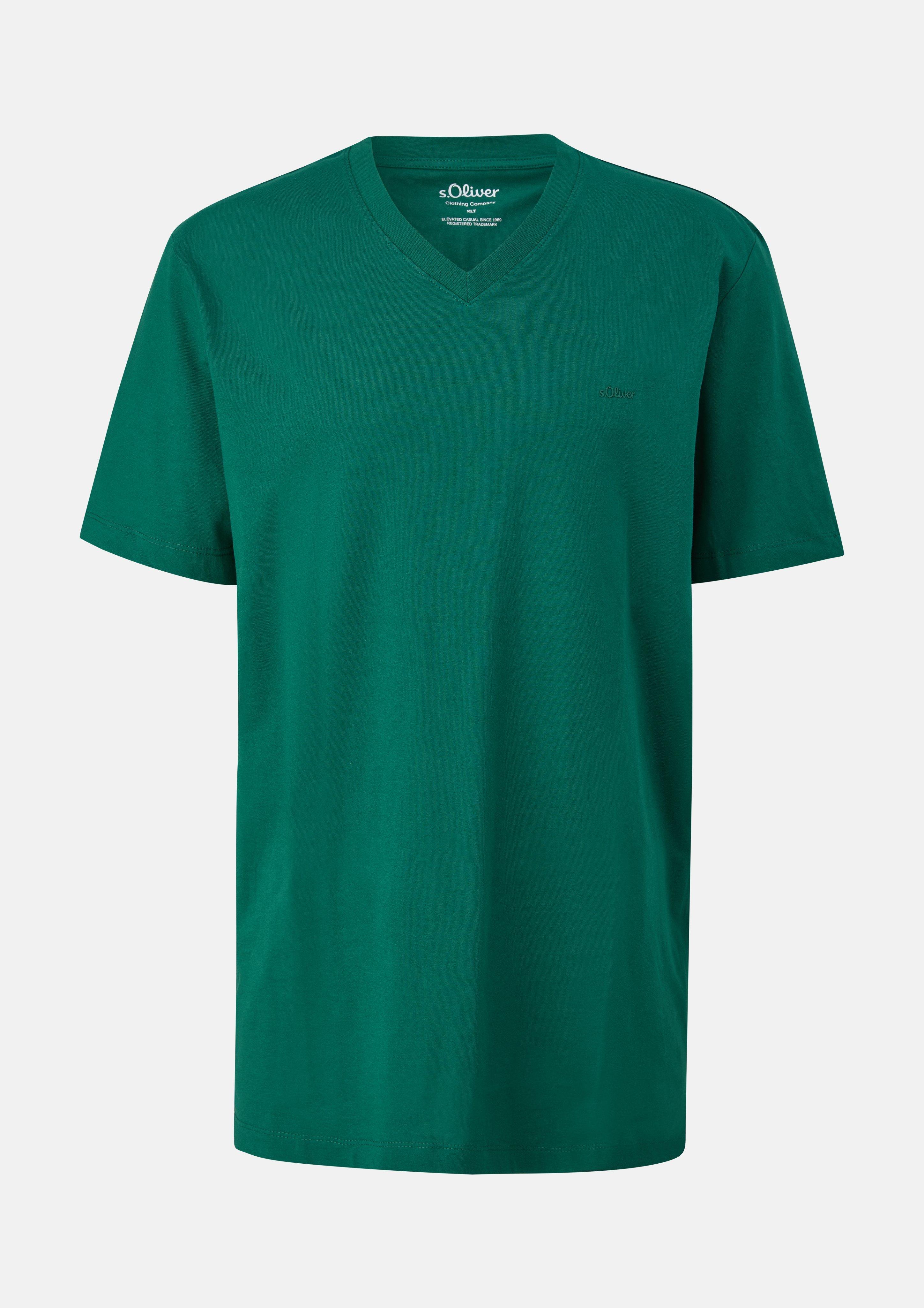 Hommes T-shirt en coton à col en V et imprimé logo en vert de s.Oliver Men Tall Sizes