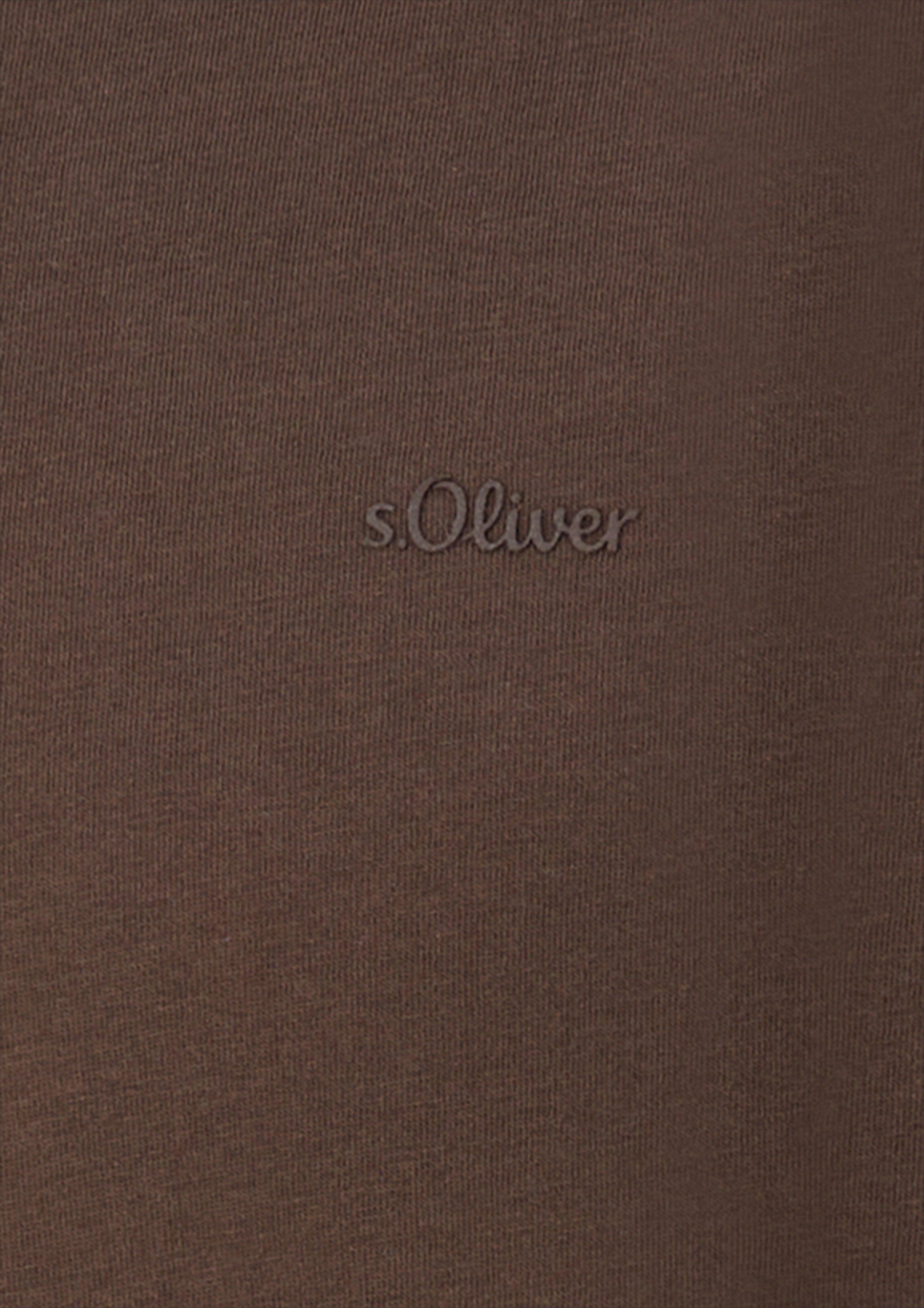Hommes T-shirt en coton à col en V avec logo imprimé en brun de s.Oliver Men Tall Sizes