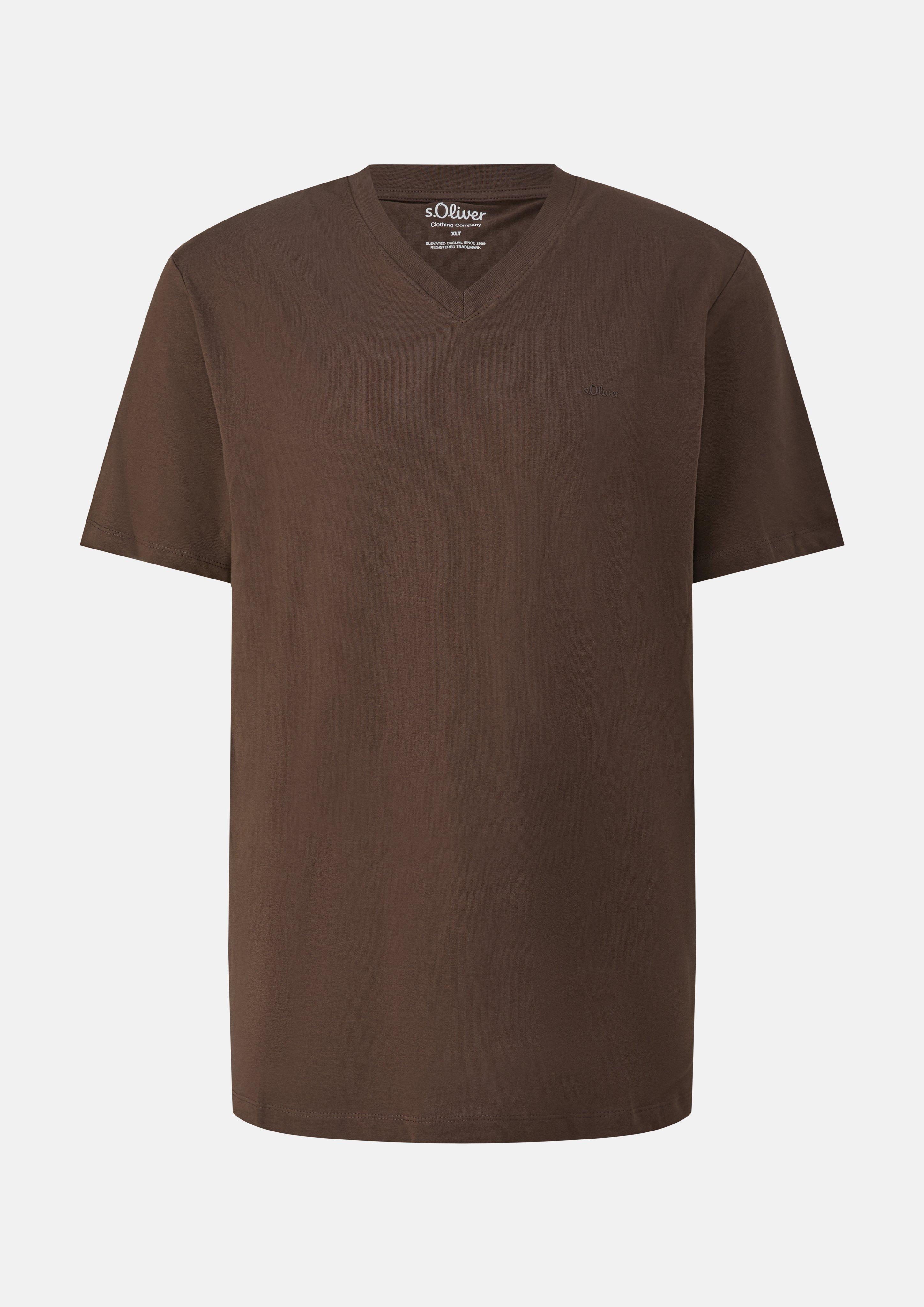 T-shirt en coton à col en V et imprimé logo en marron foncé de s.Oliver Men Tall Sizes