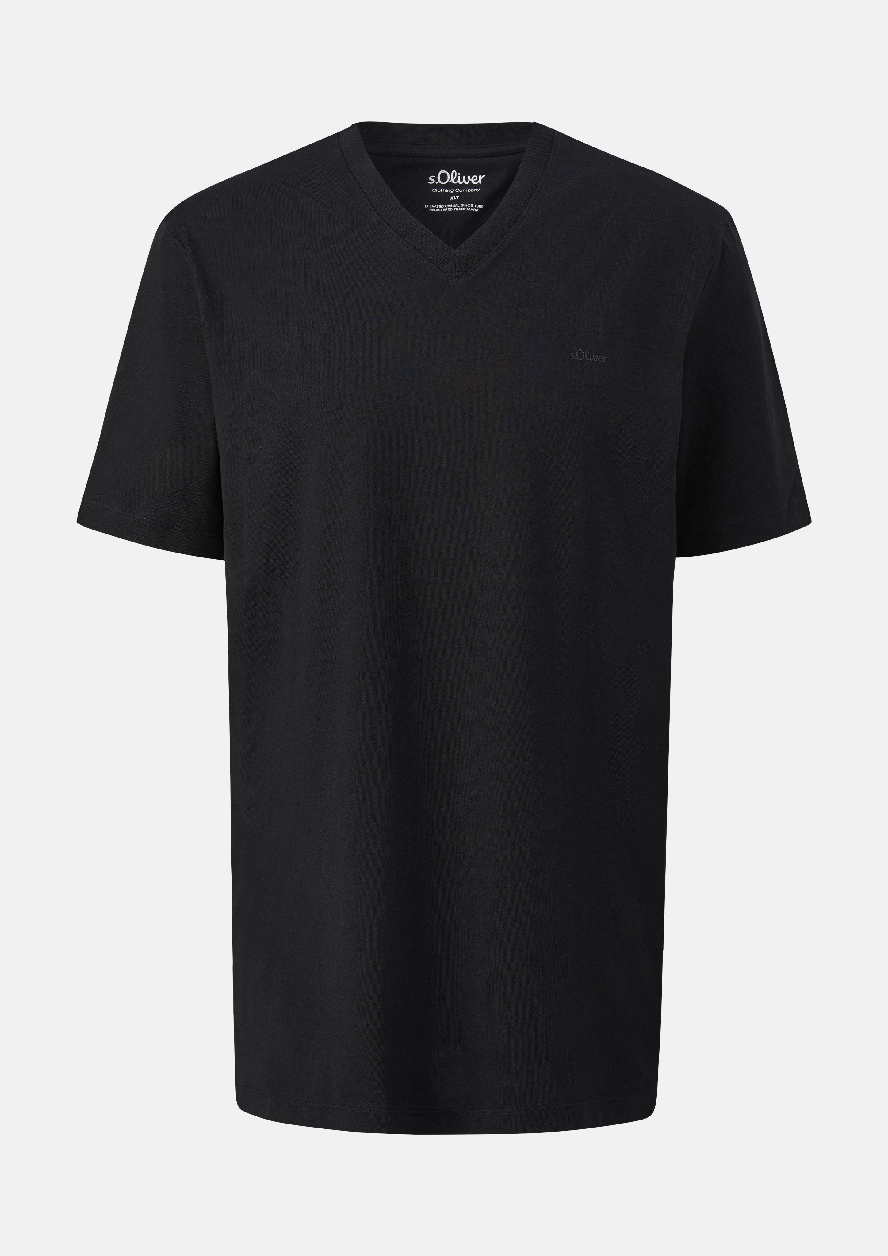 Hommes T-shirt en coton à col en V et imprimé logo en noir de s.Oliver Men Tall Sizes