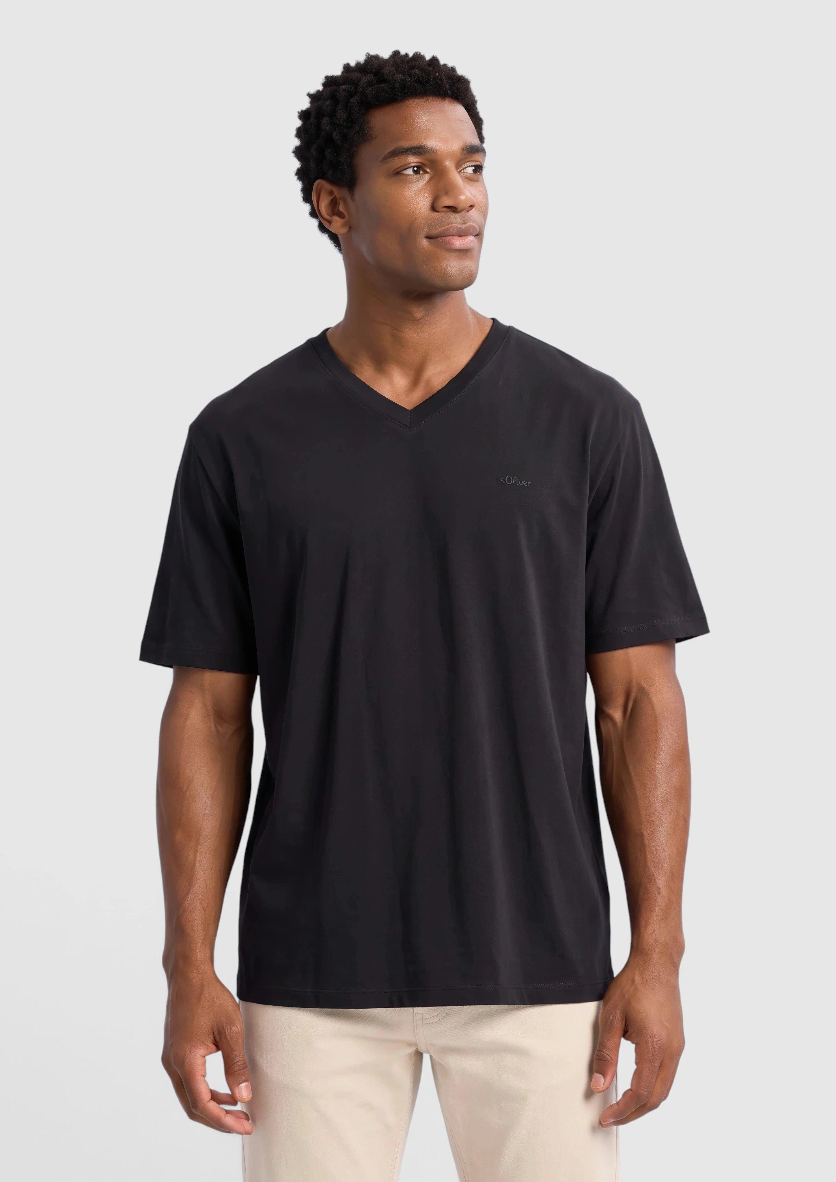 T-shirt en coton à col en V et imprimé logo en noir de s.Oliver Men Tall Sizes