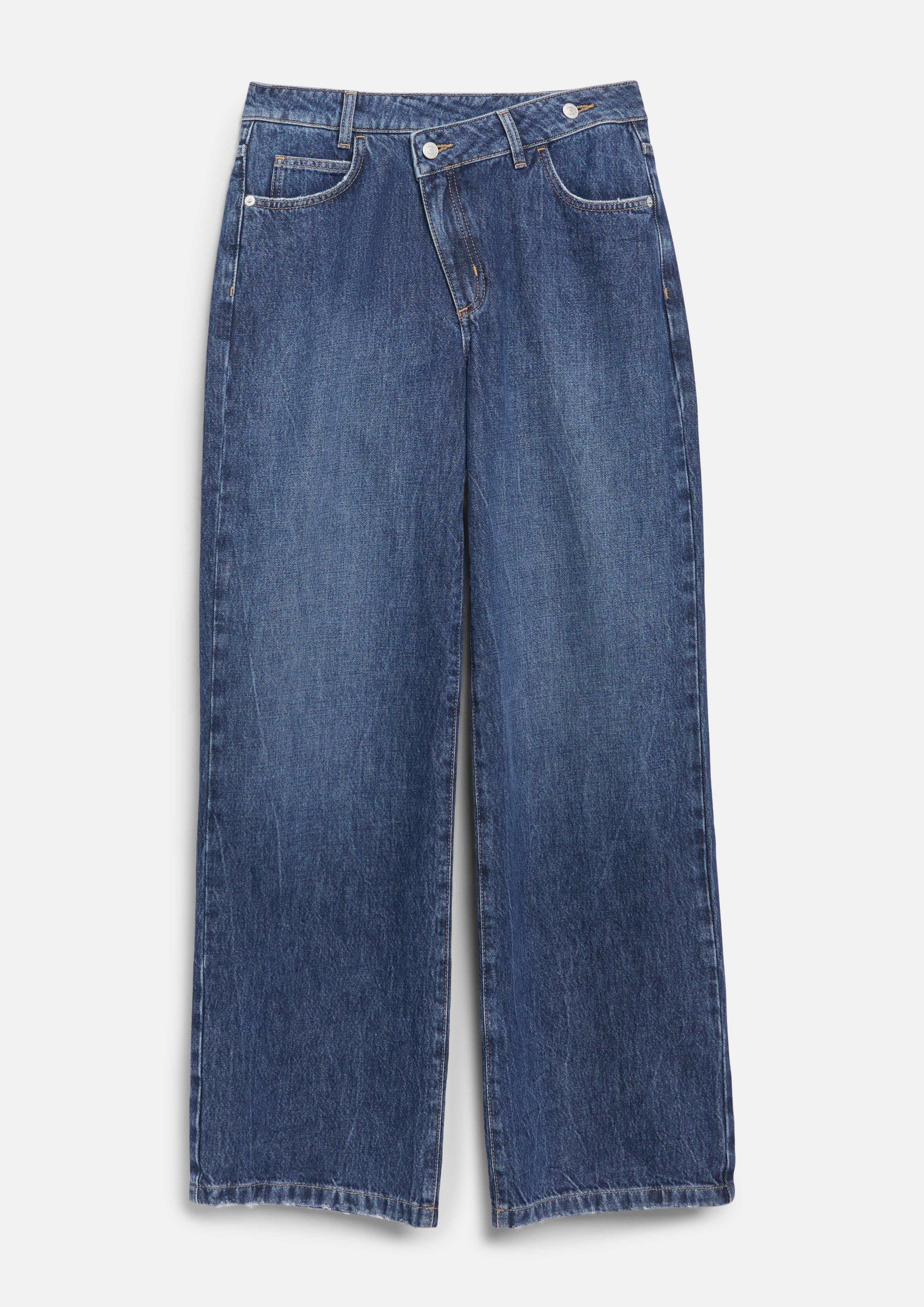 Wide-Leg-Jeans mit asymmetrischem Bund und High Rise in blau von COMMA