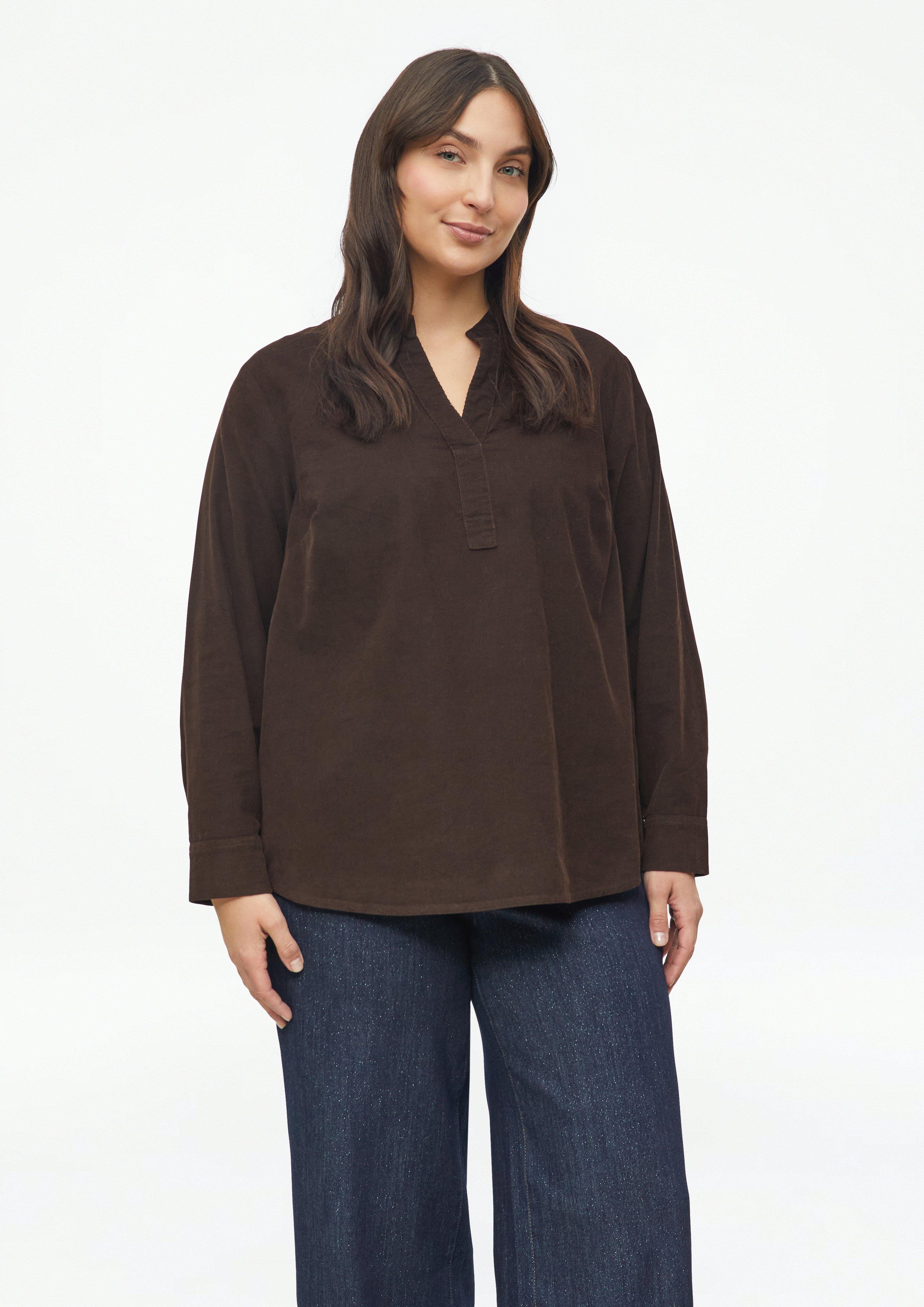 Blouse van fijn corduroy met opstaande kraag in donkerbruin van s.Oliver CURVE