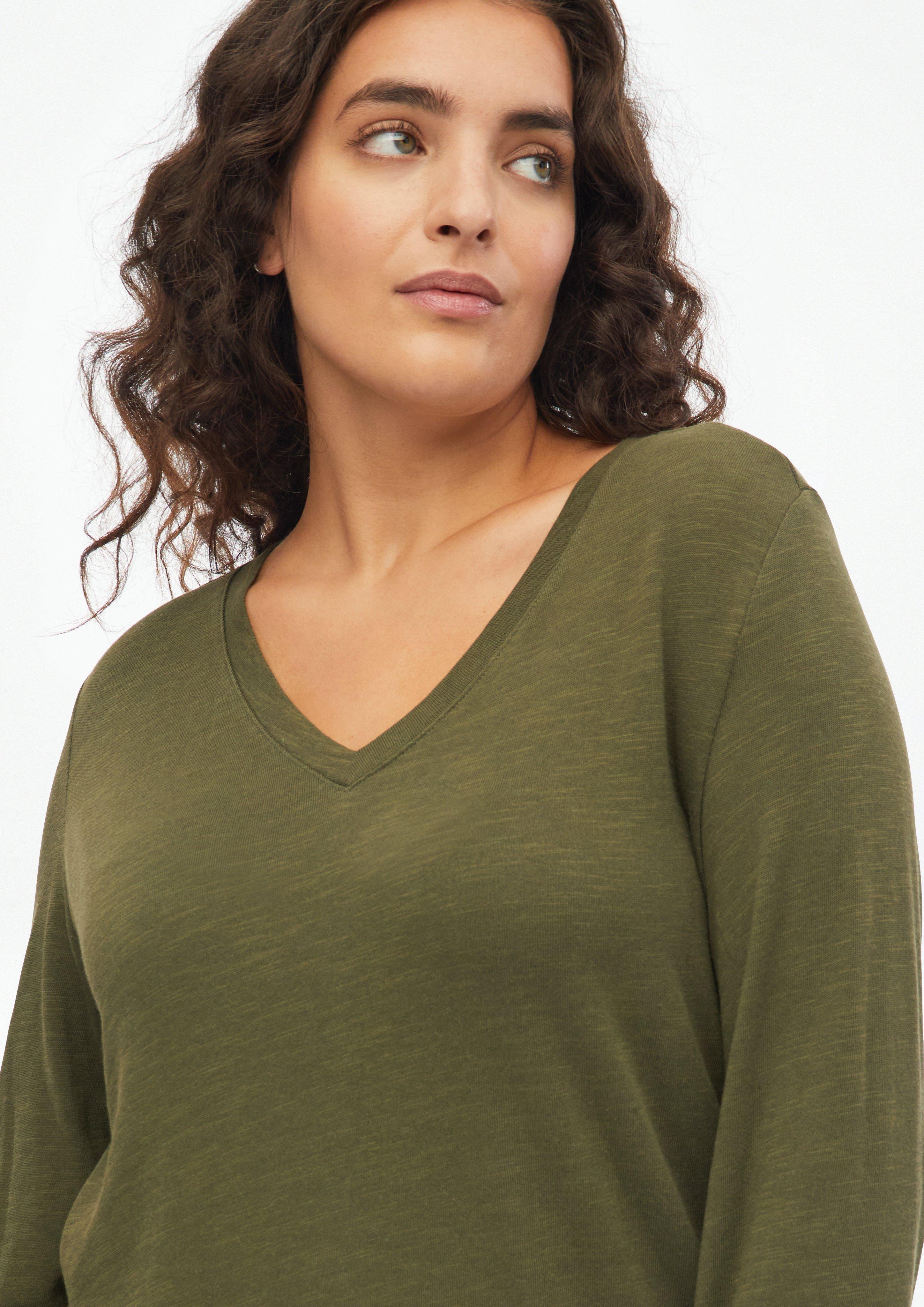 Women V-neck T-shirt with rolled hem in olive by s.Oliver CURVE