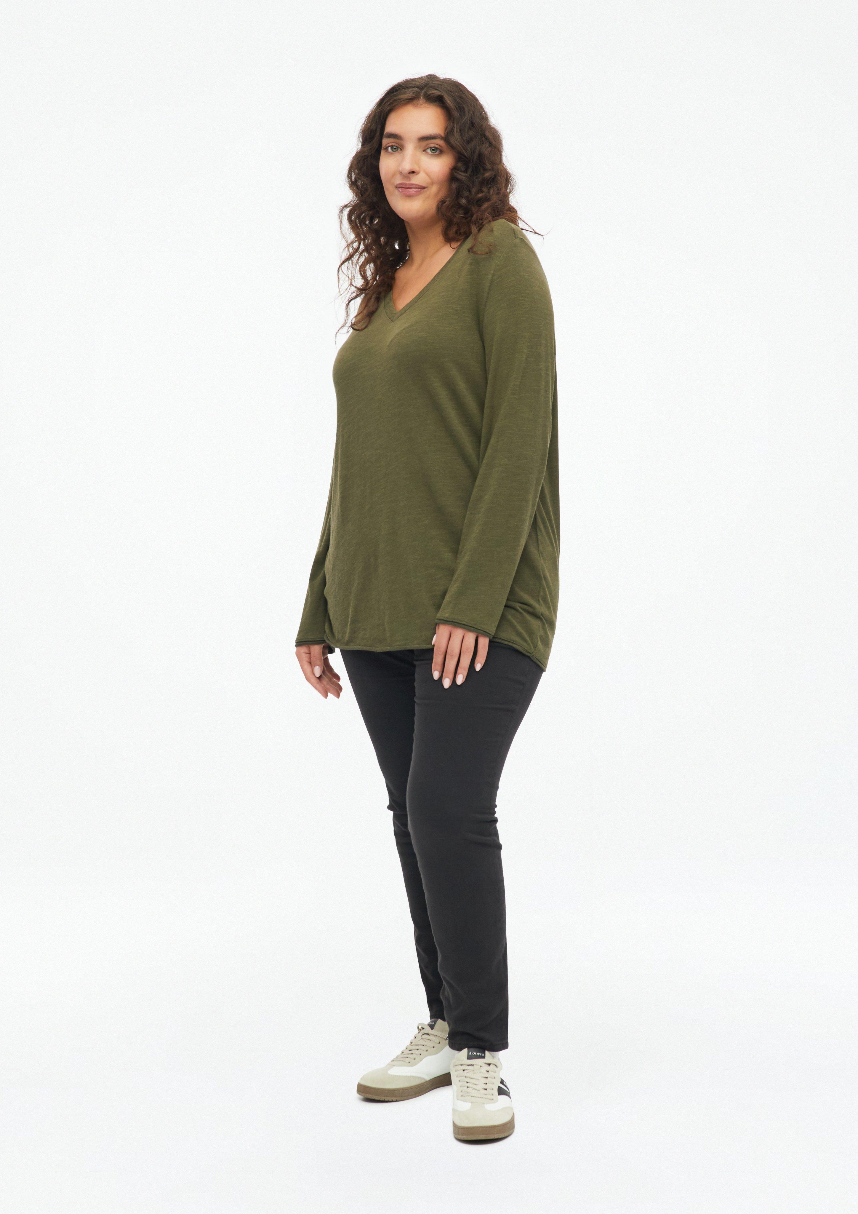 Women V-neck T-shirt with rolled hem in olive by s.Oliver CURVE