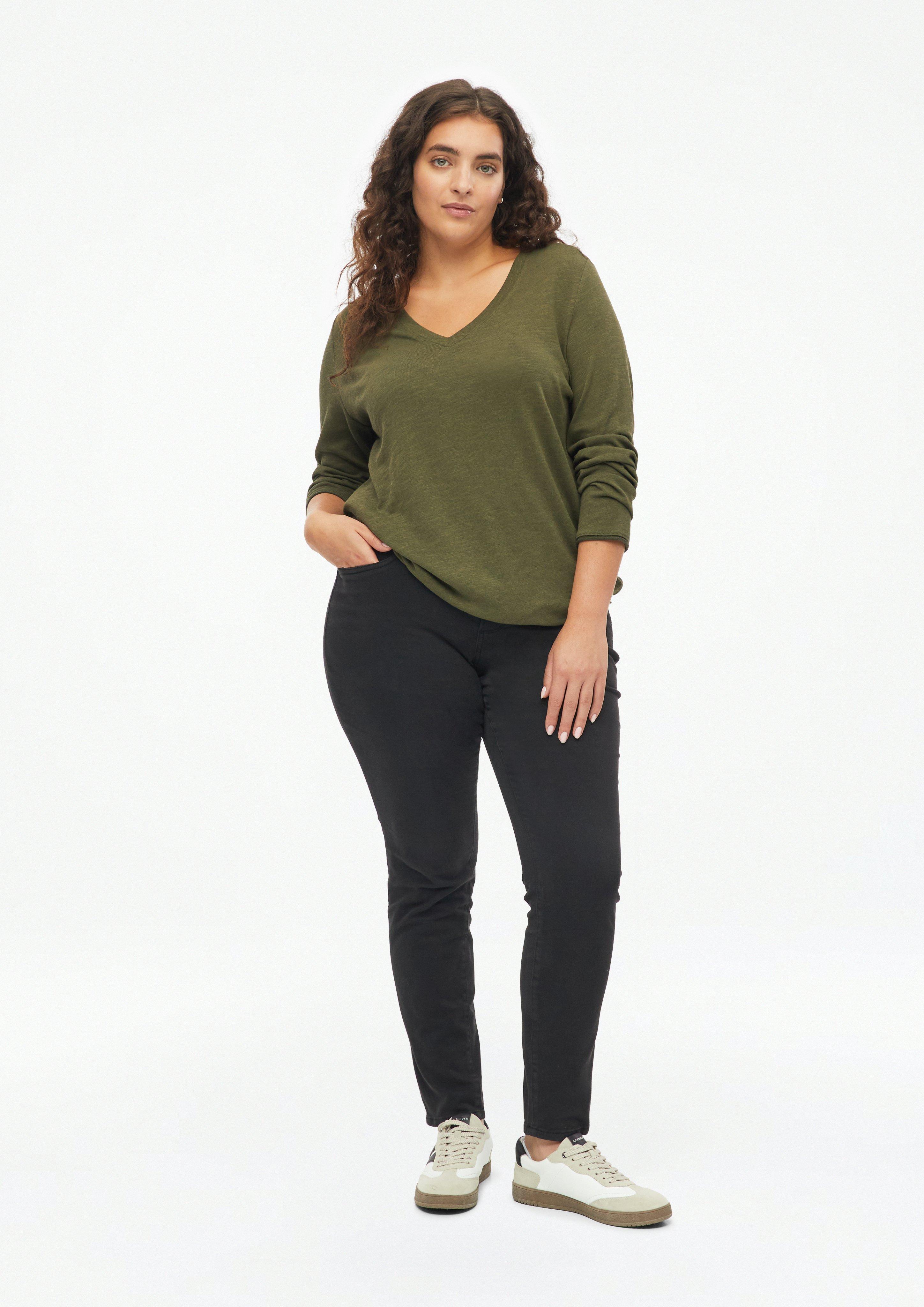 Women V-neck T-shirt with rolled hem in olive by s.Oliver CURVE