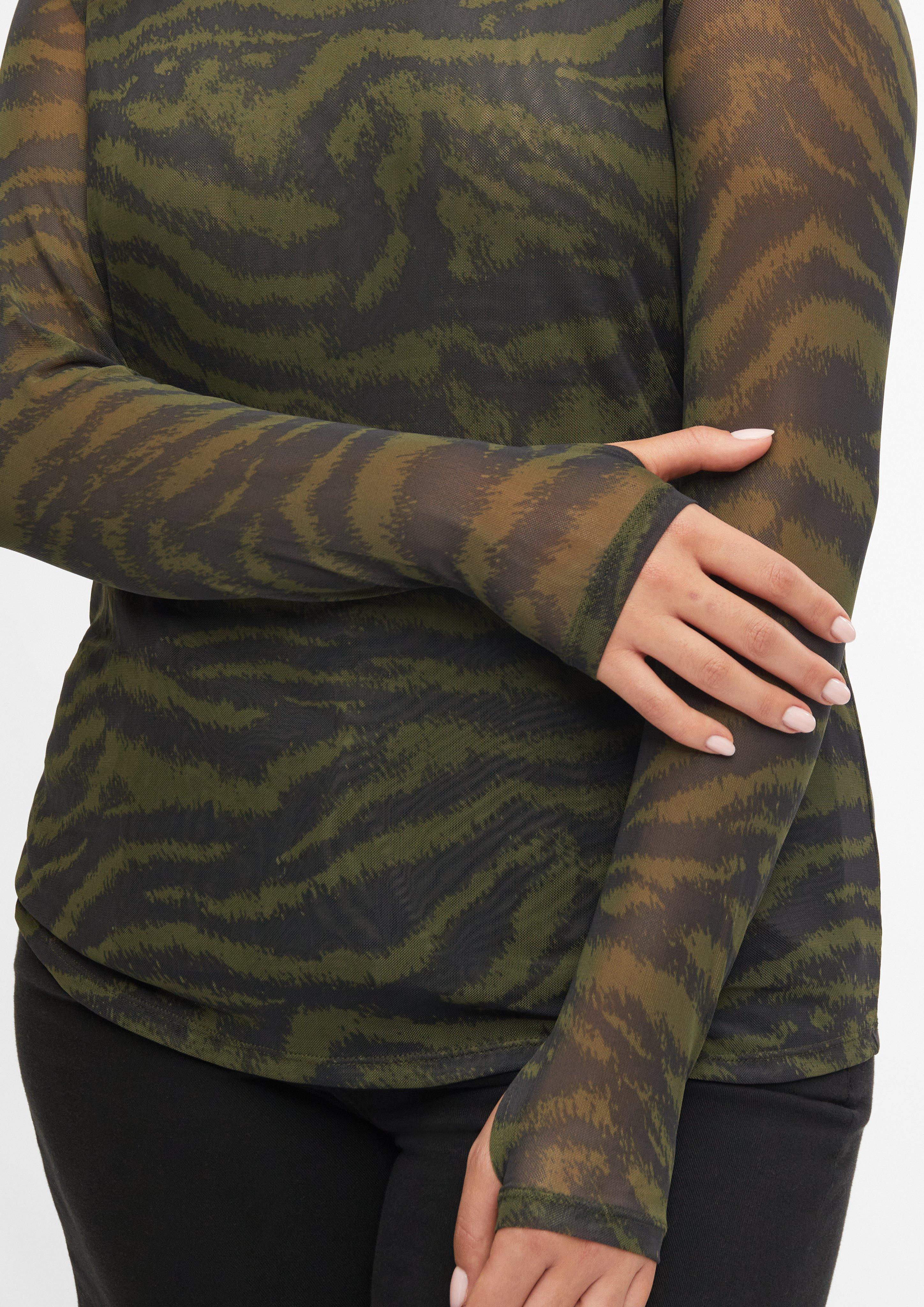 Women Lightweight, slightly sheer mesh shirt with an all-over print in olive by s.Oliver CURVE