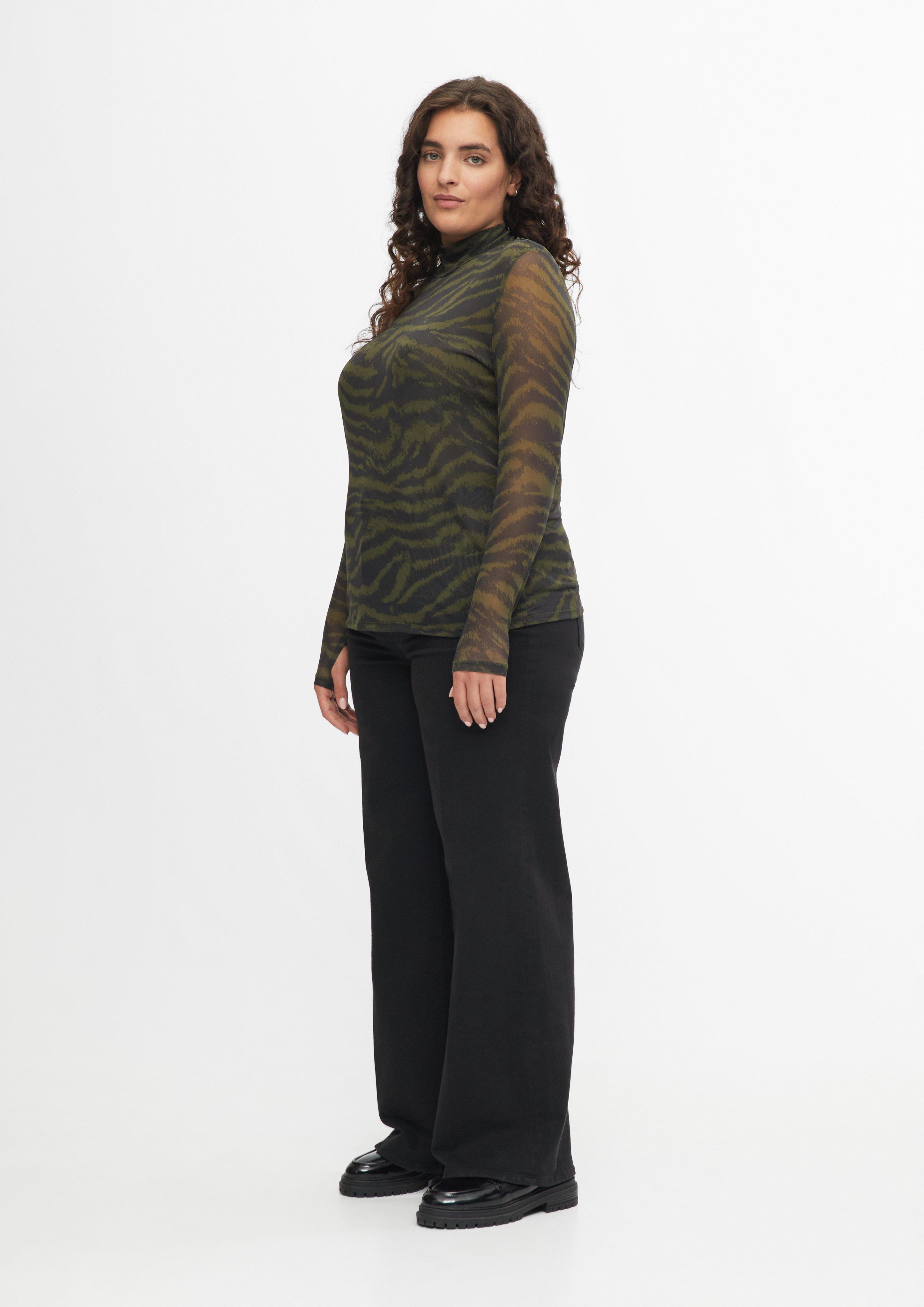 Women Lightweight, slightly sheer mesh shirt with an all-over print in olive by s.Oliver CURVE