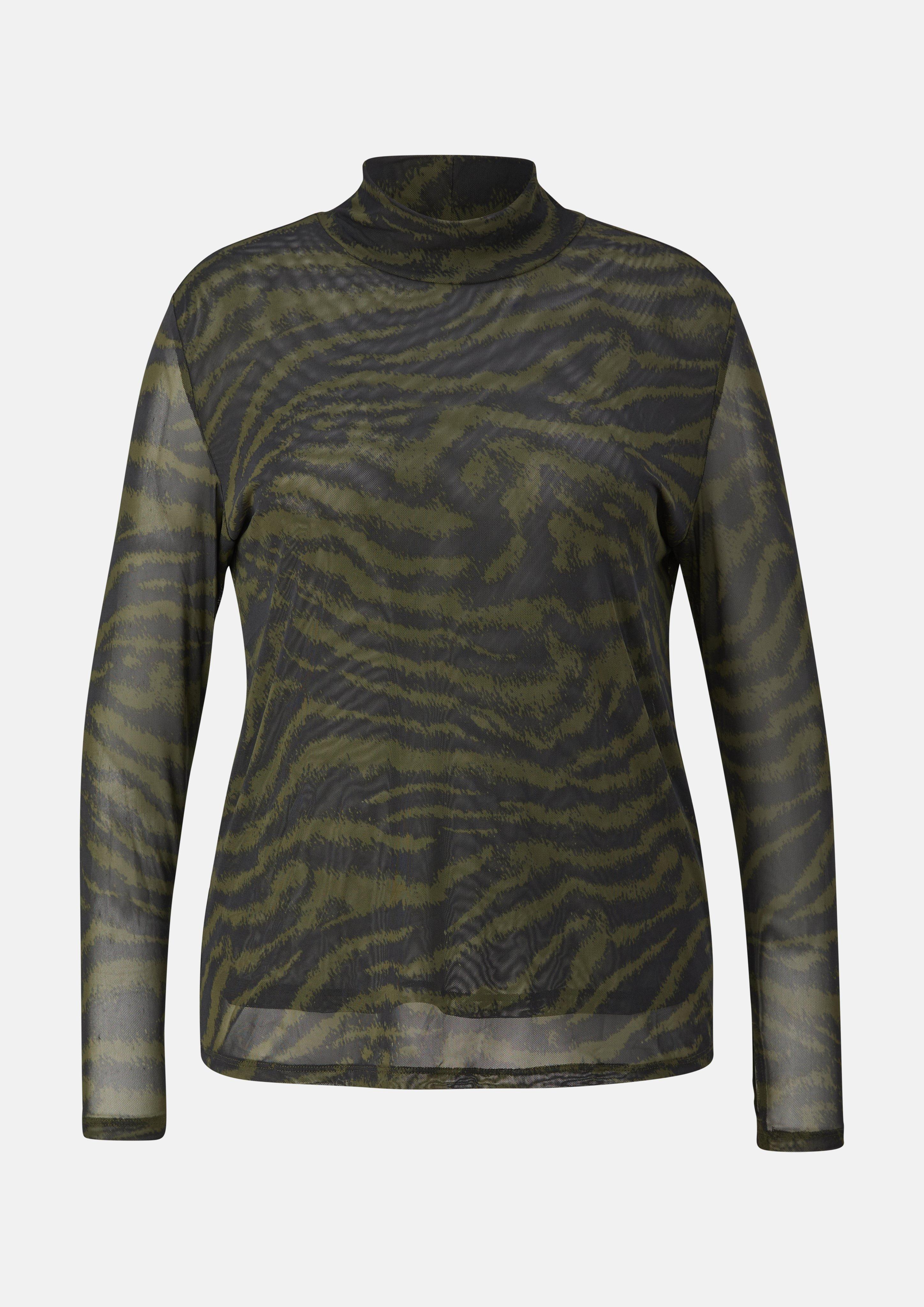 Leicht transparentes Mesh-Shirt mit All-over-Print in Farbe olivgrün von s.Oliver CURVE