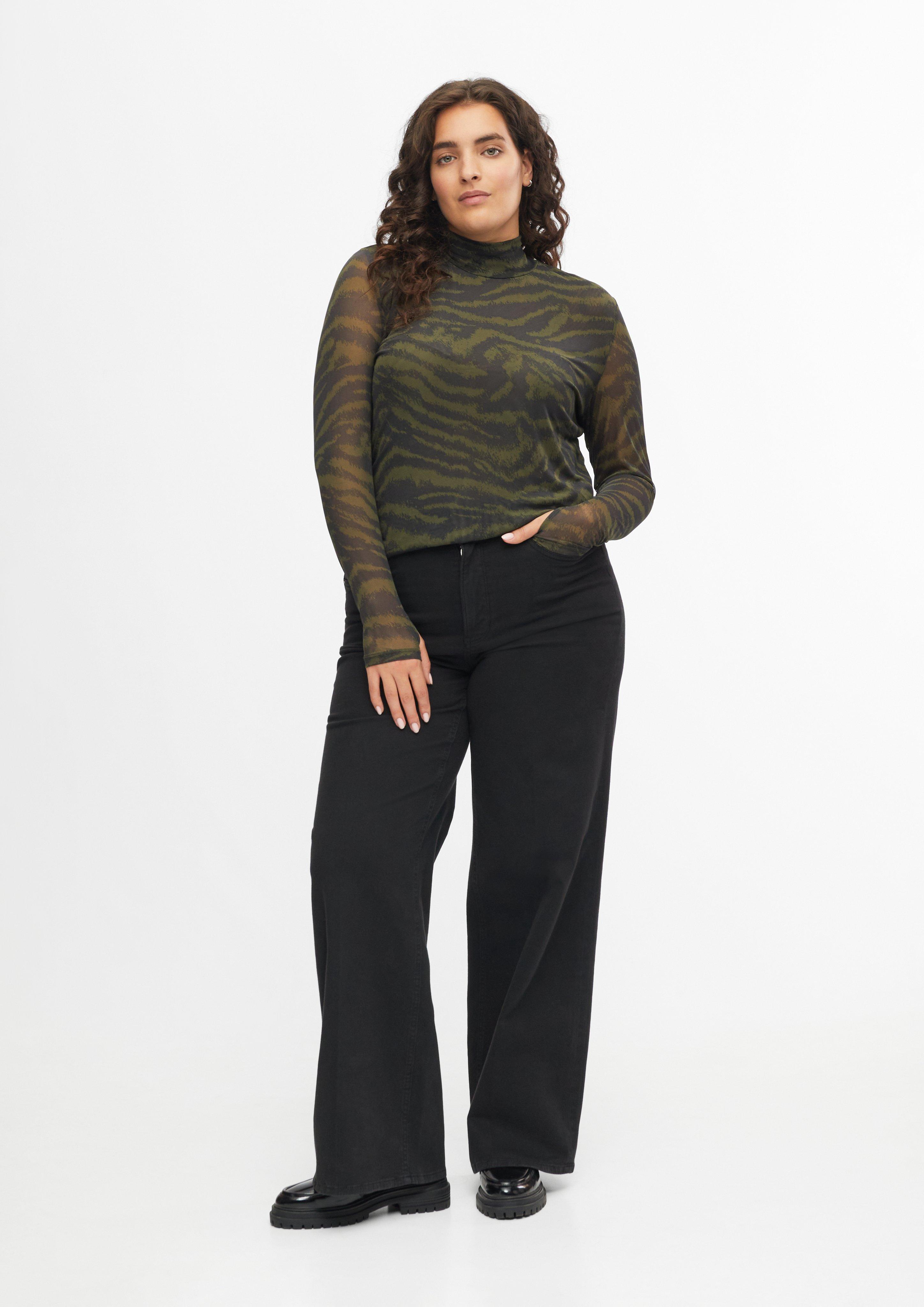 Women Lightweight, slightly sheer mesh shirt with an all-over print in olive by s.Oliver CURVE