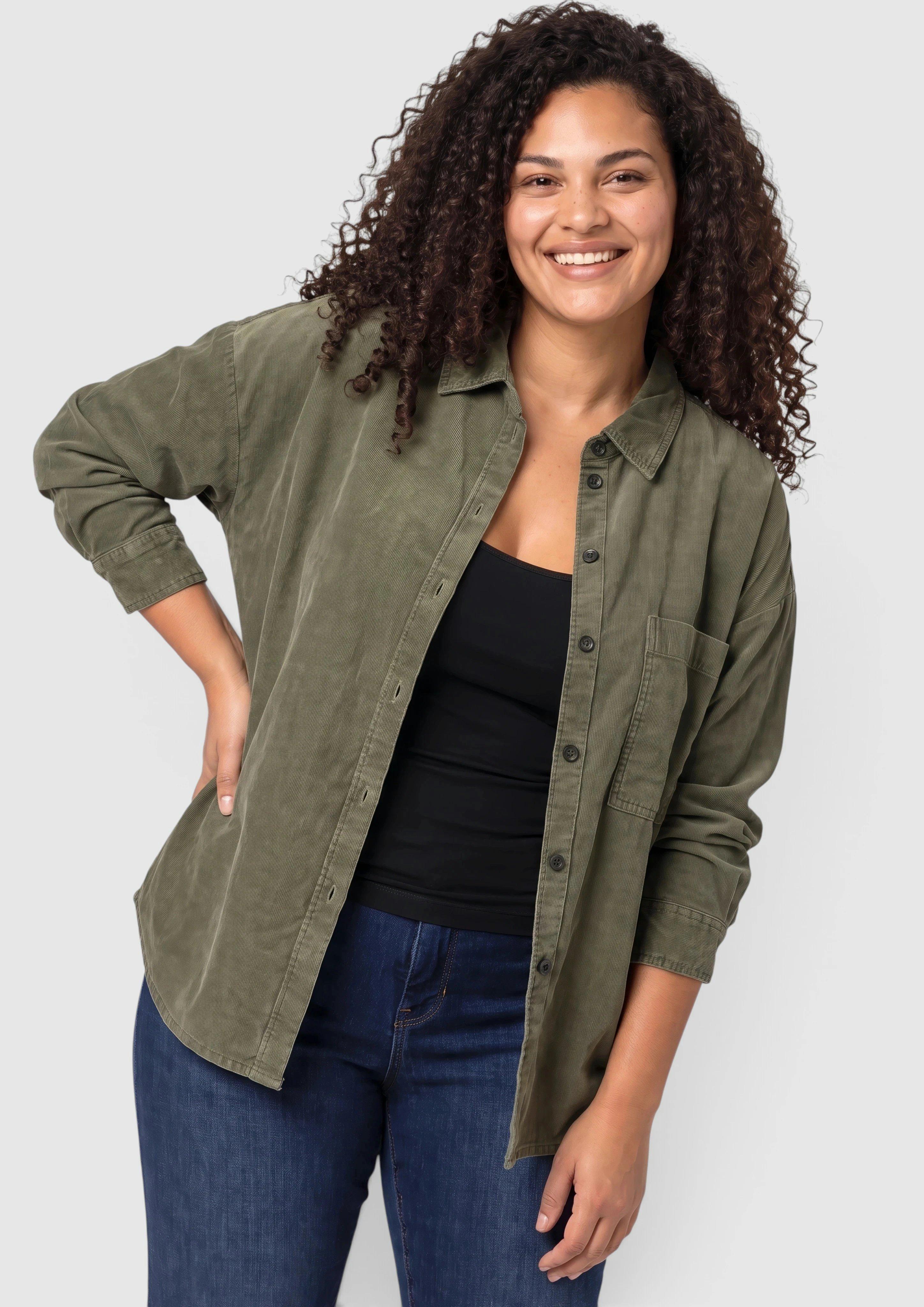 Zachte corduroyblouse met een relaxte pasvorm in olijfgroen van s.Oliver CURVE