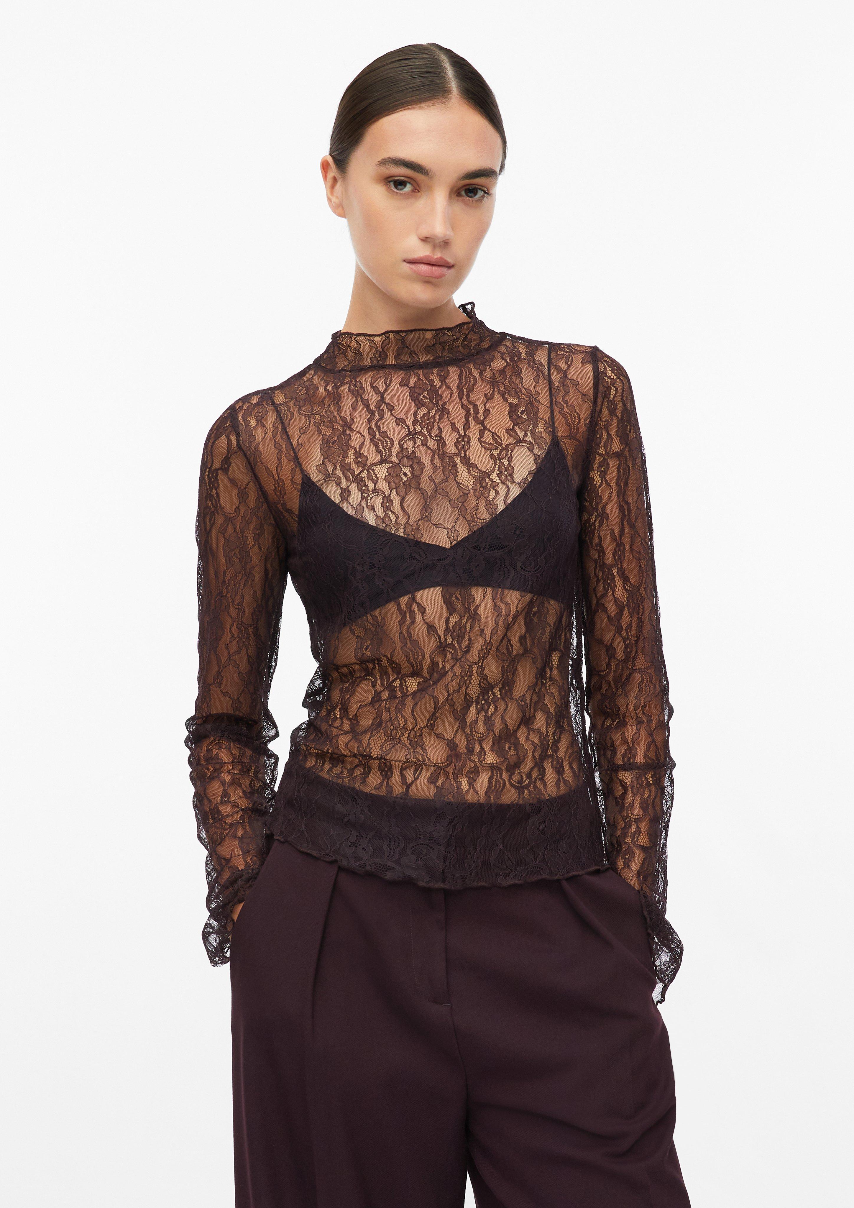 T-shirt à manches longues en dentelle avec manches trompettes en aubergine de COMMA