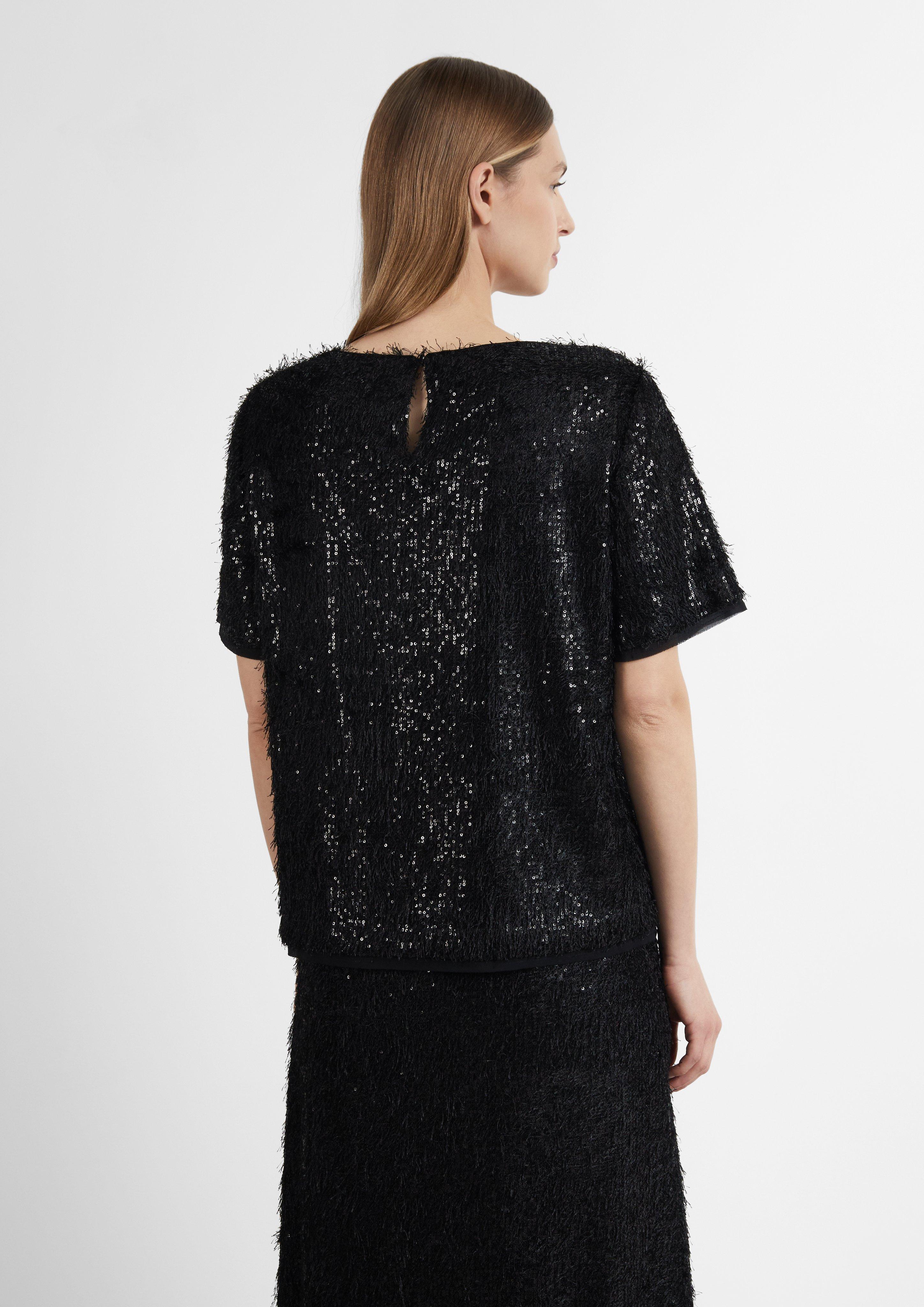Damen Kurzarm-Bluse mit Crew Neck und Knopfverschluss in schwarz von COMMA