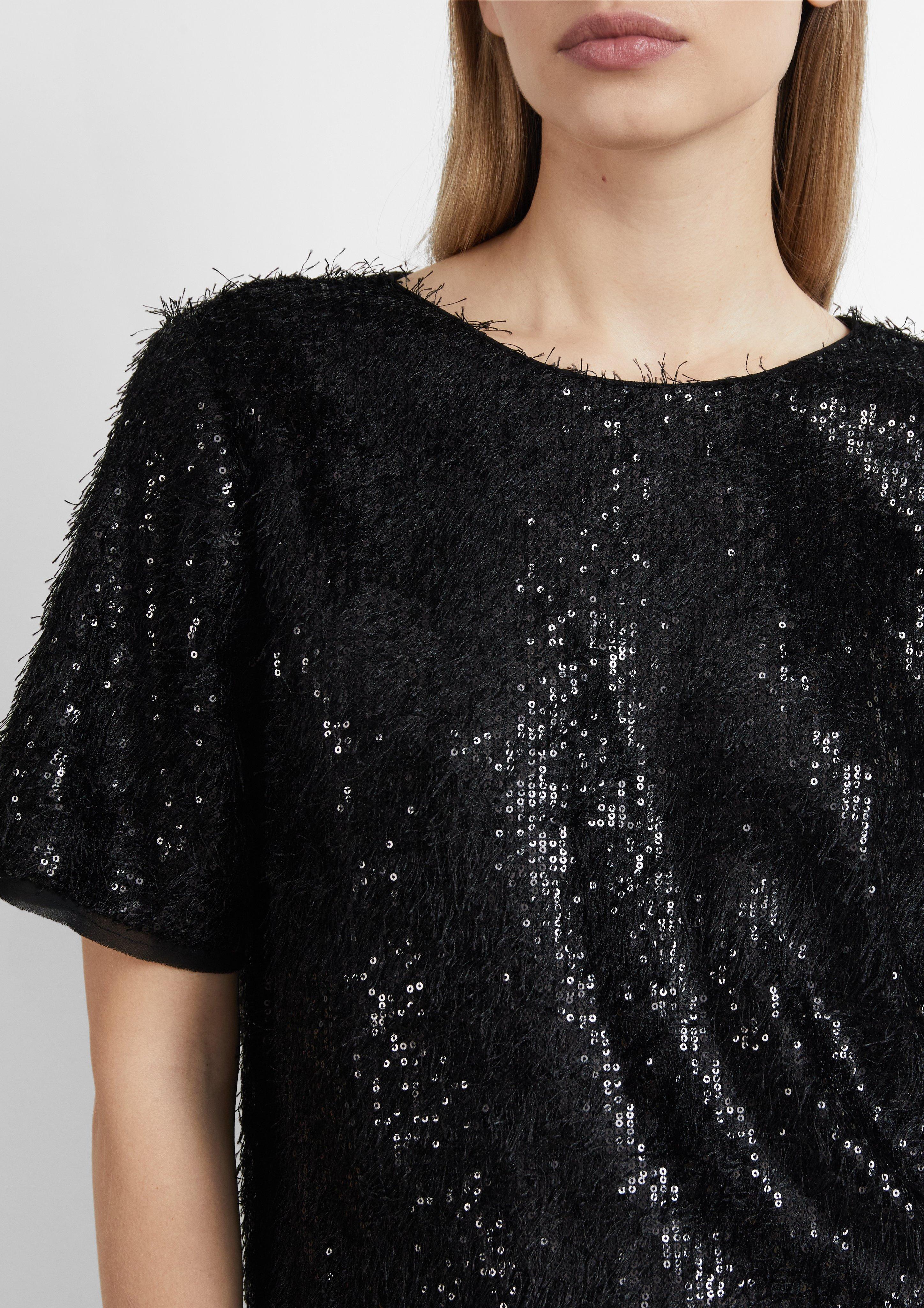 Damen Kurzarm-Bluse mit Crew Neck und Knopfverschluss in schwarz von COMMA