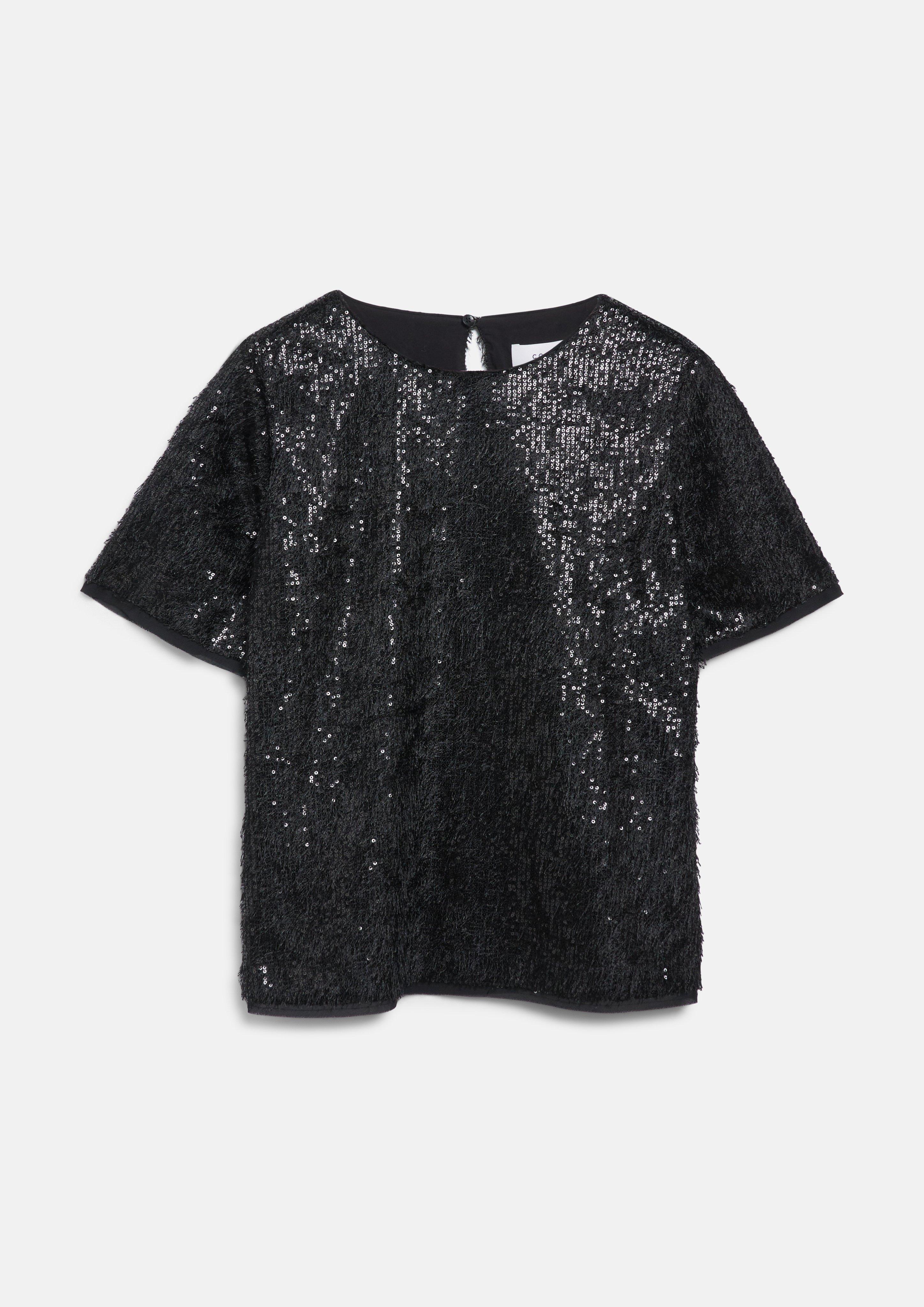 Damen Kurzarm-Bluse mit Crew Neck und Knopfverschluss in schwarz von COMMA