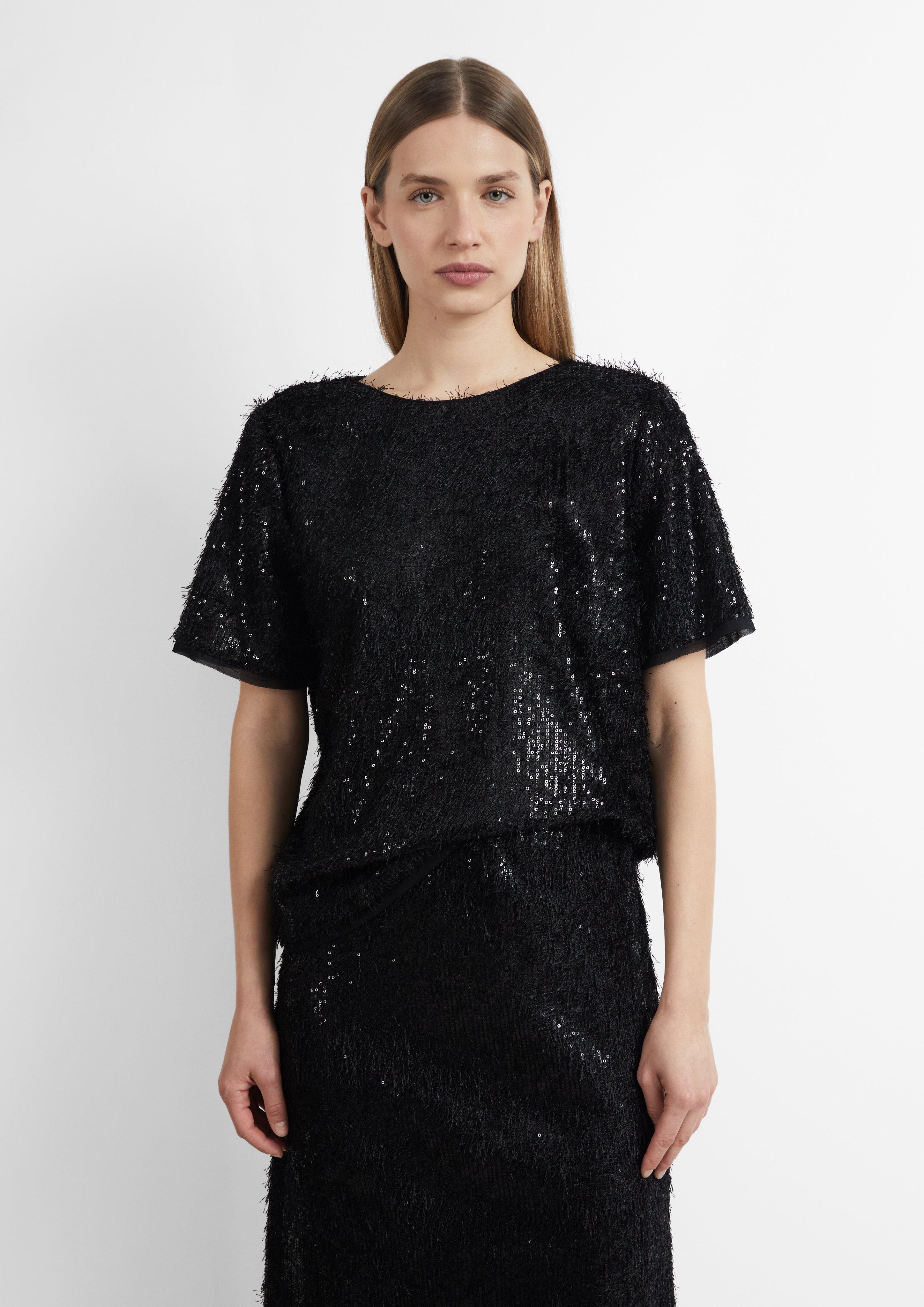 Kurzarm-Bluse mit Crew Neck und Knopfverschluss in Farbe schwarz von COMMA