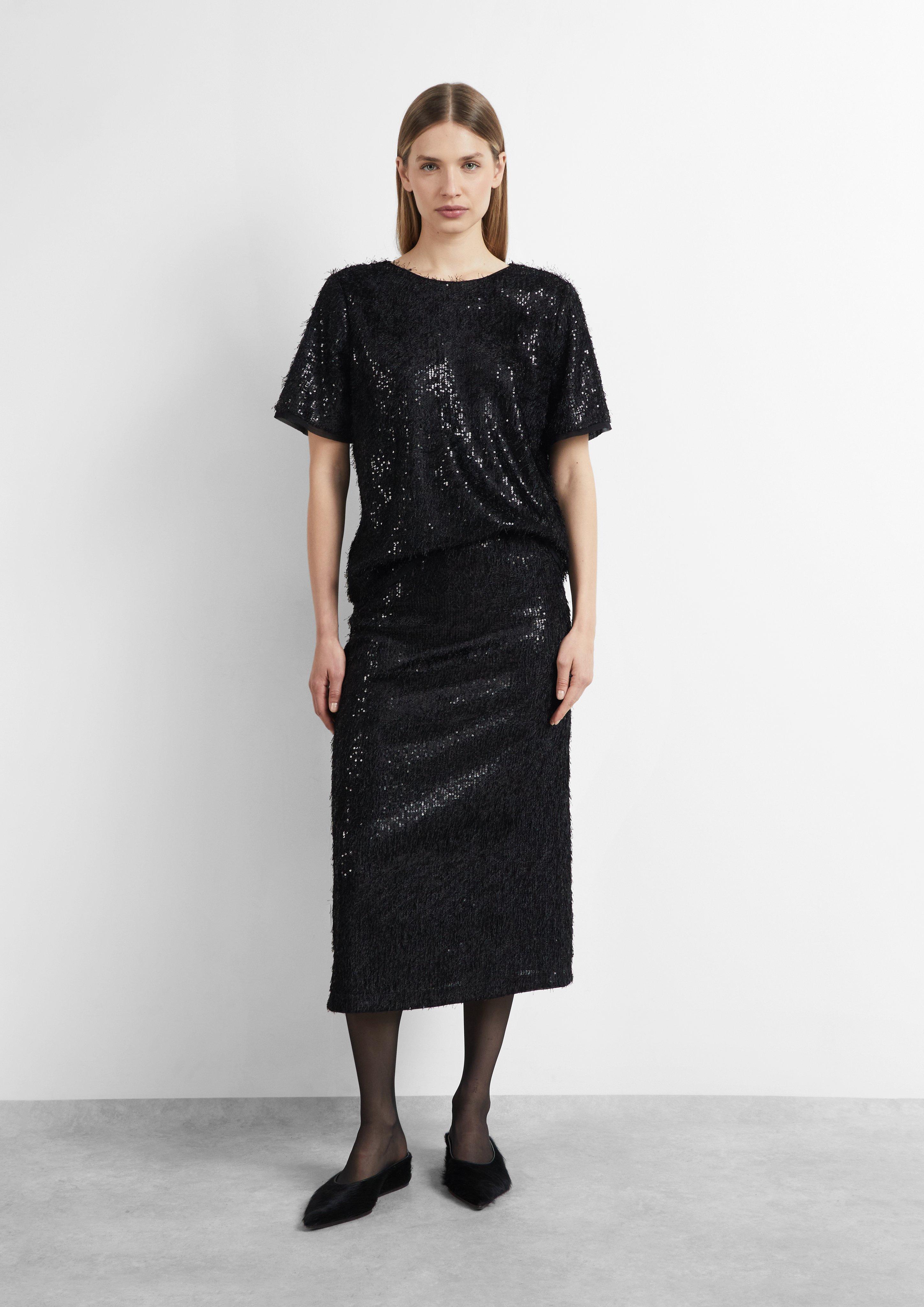 Damen Kurzarm-Bluse mit Crew Neck und Knopfverschluss in schwarz von COMMA