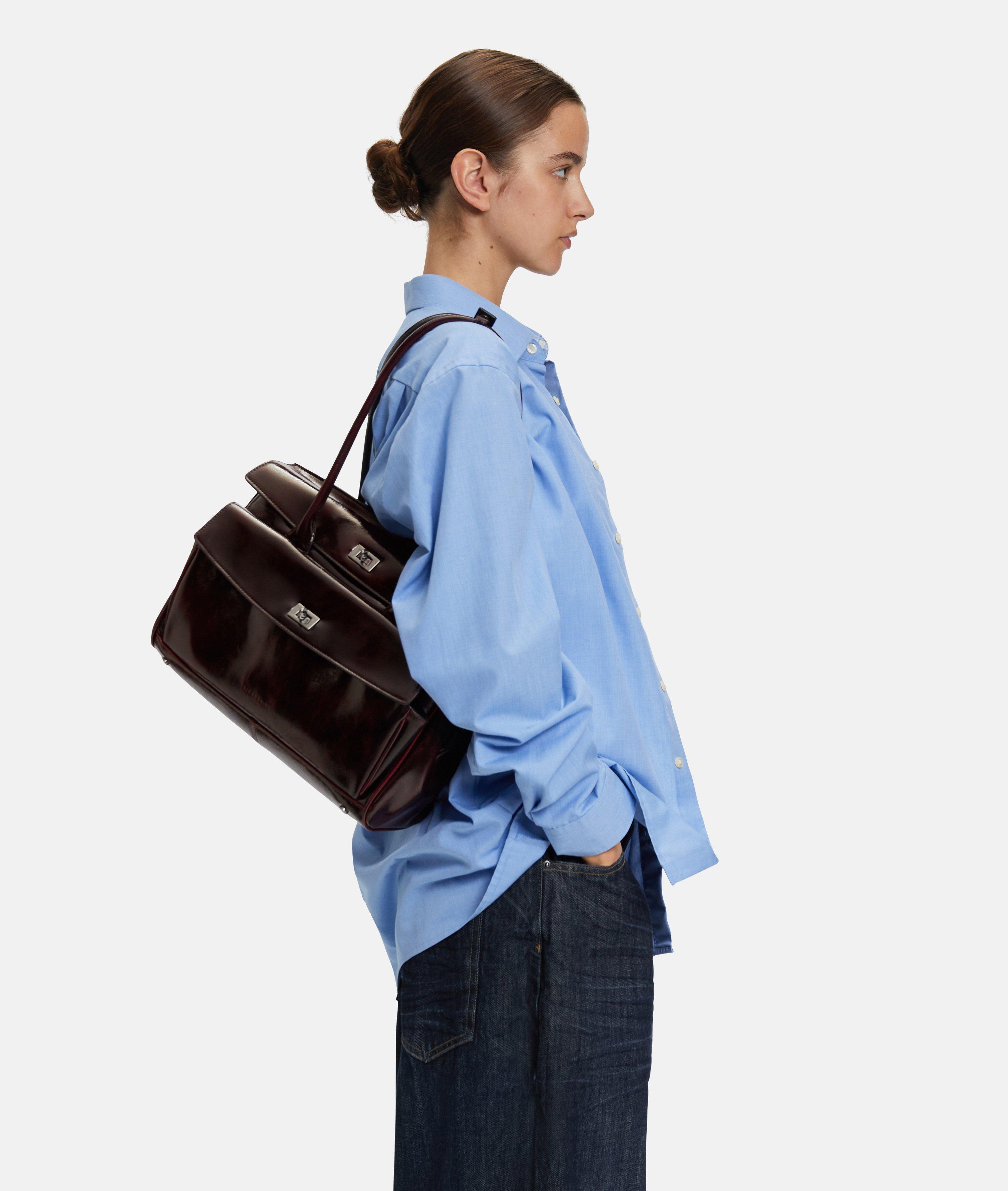 Satchel in red, olive & brown