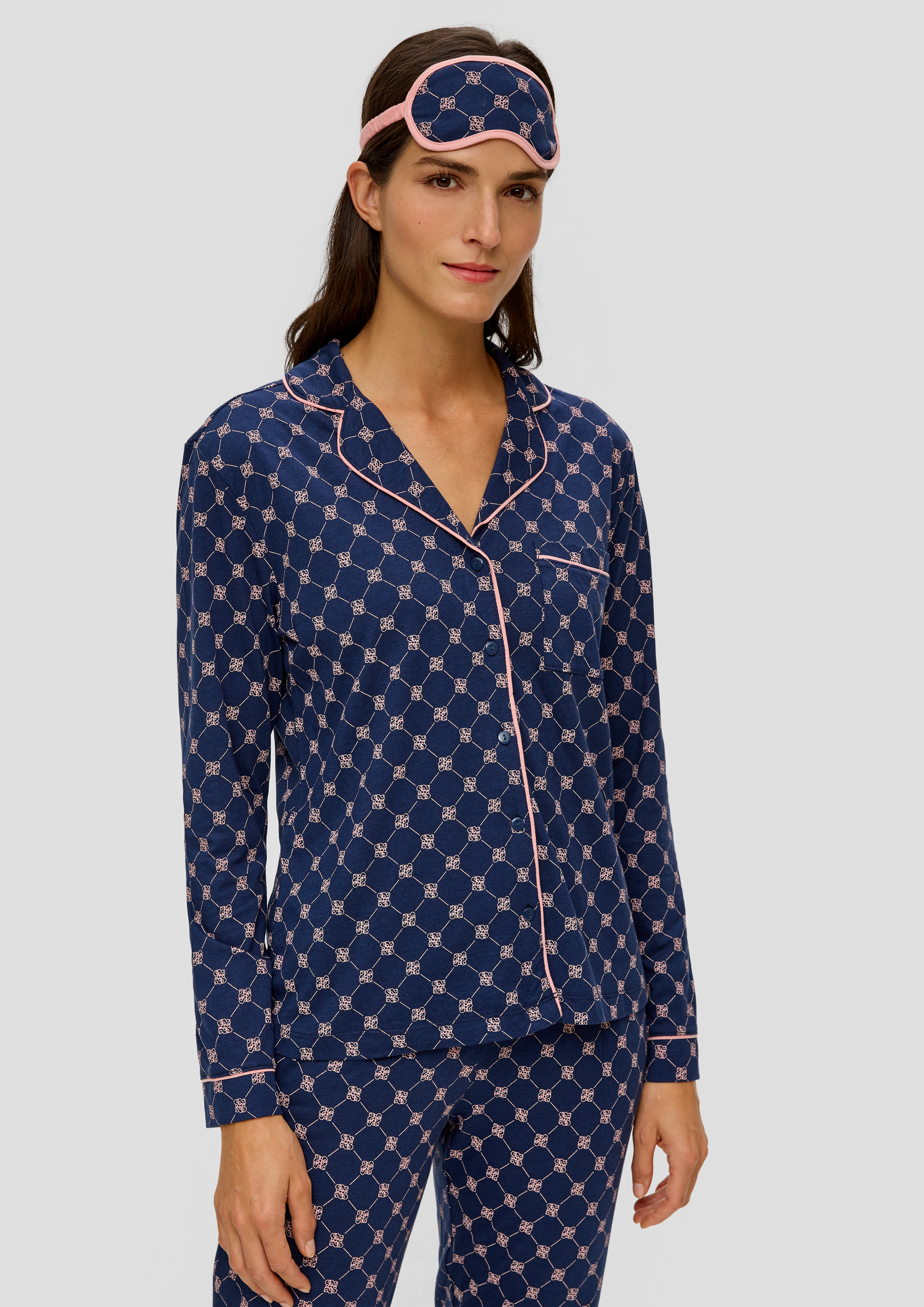 Langes Pyjama-Set tiefblau Schlafmaske - mit