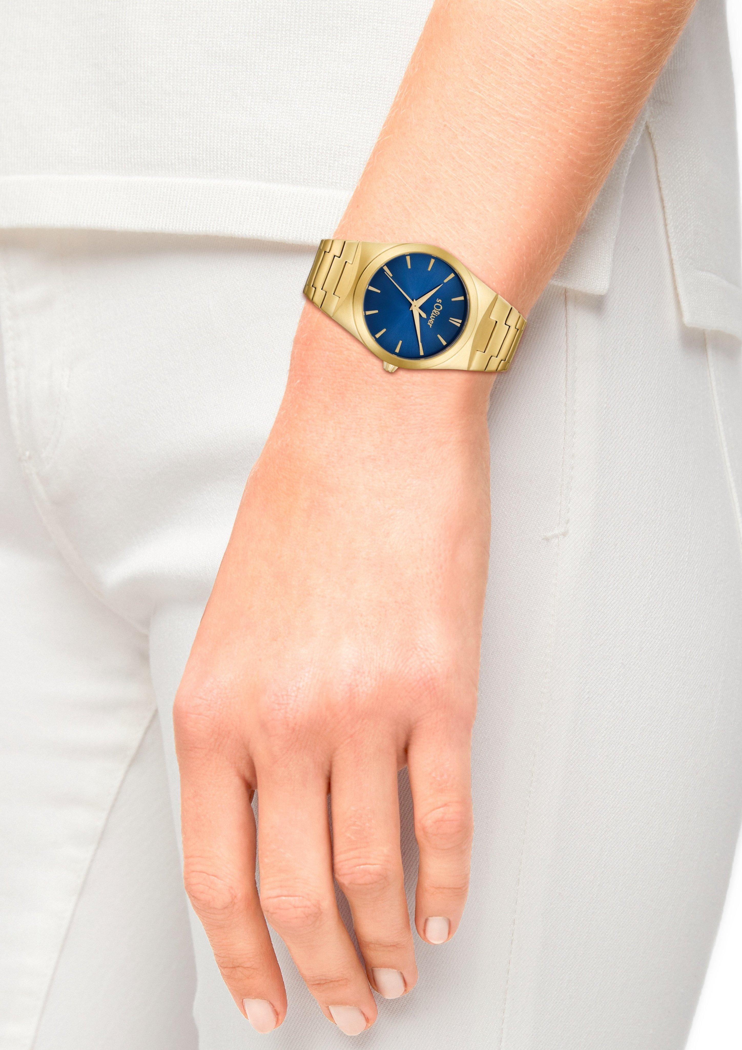 s.Oliver Goldene Edelstahl-Armbanduhr mit blauem Ziffernblatt