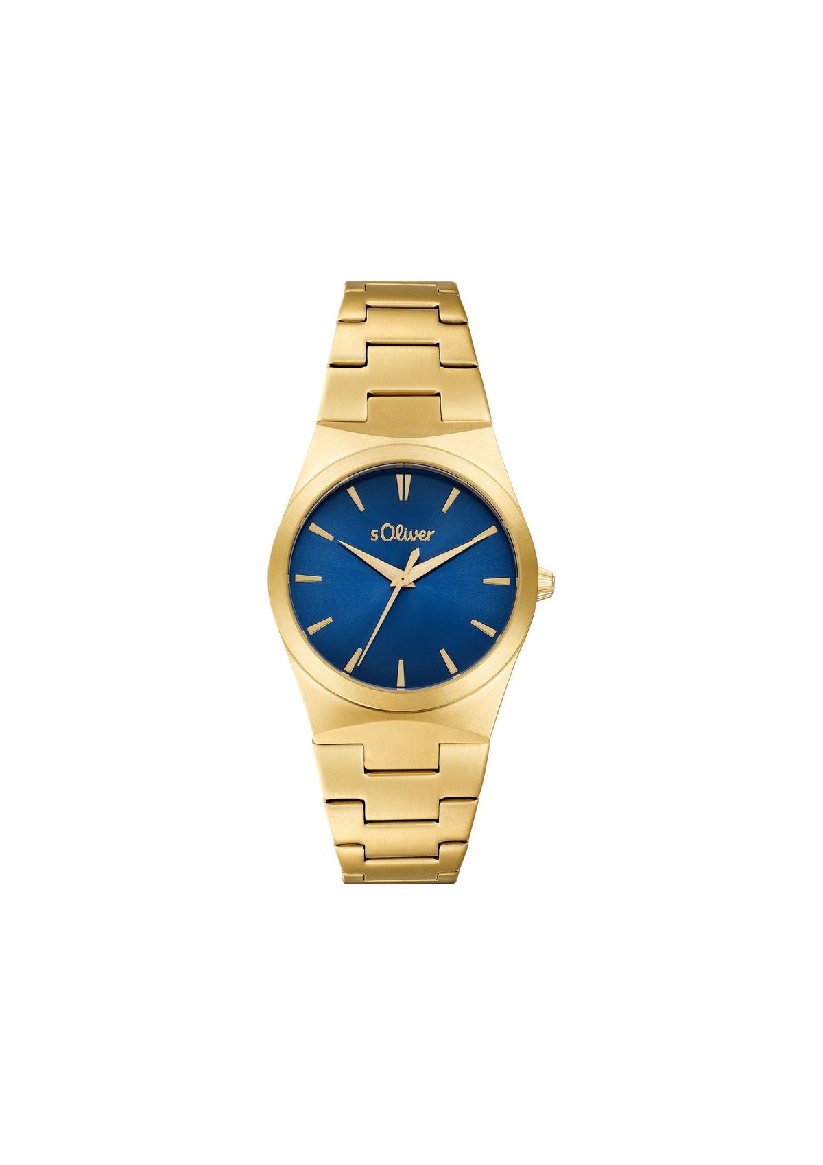 s.Oliver Goldene Edelstahl-Armbanduhr mit blauem Ziffernblatt