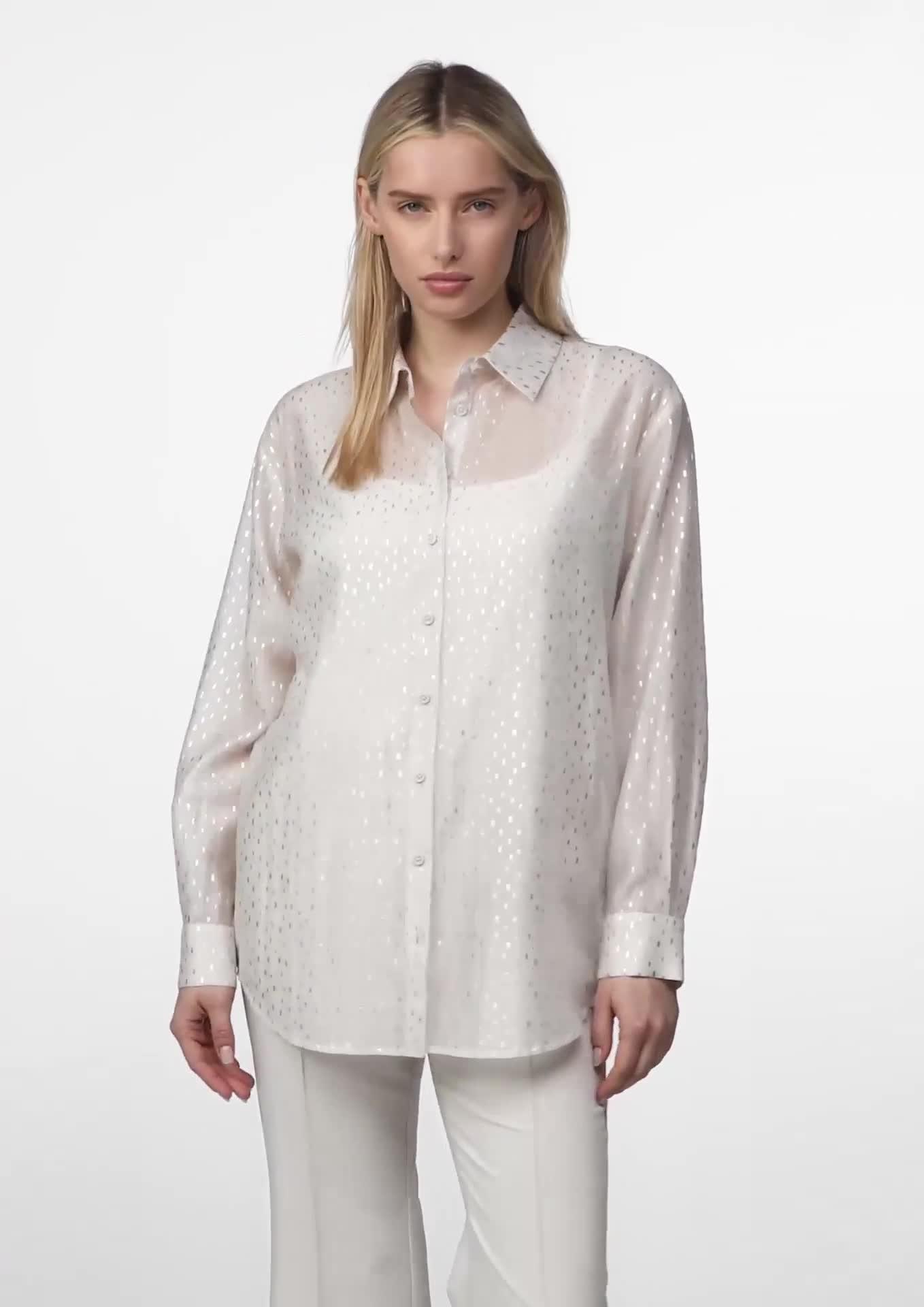 Semi-sheer shirt blouse with a print - light beige | Comma